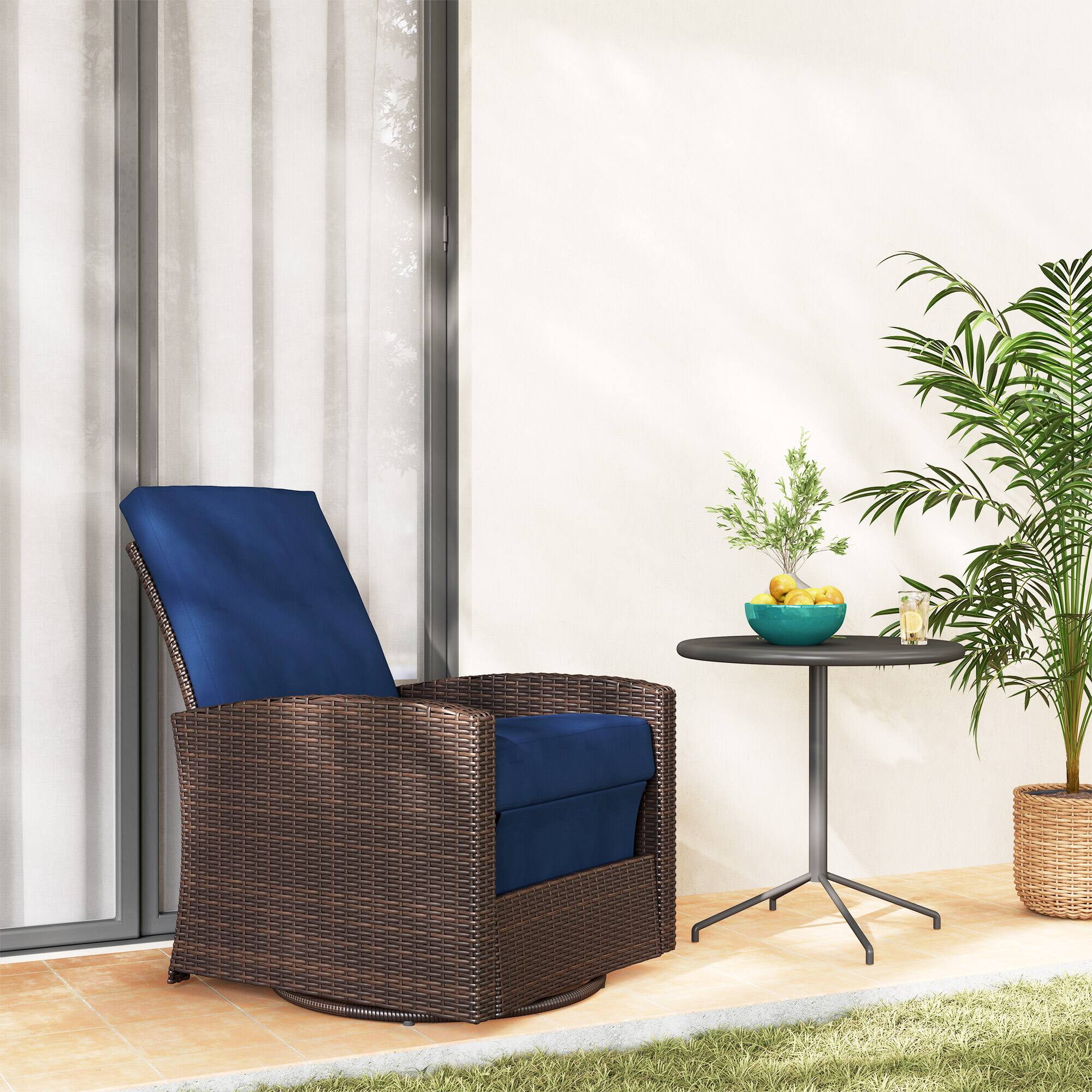 Alt View 1. Outsunny - Wicker Chair, Reclining Backrest, Lifting Footrest, 360° Rotating Basic, Water Resistant Cushions - Dark Blue.
