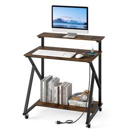 Costway - Rolling Computer Desk, 32" Laptop Desk with Charging Station & Monitor Shelf - Rustic Brown
