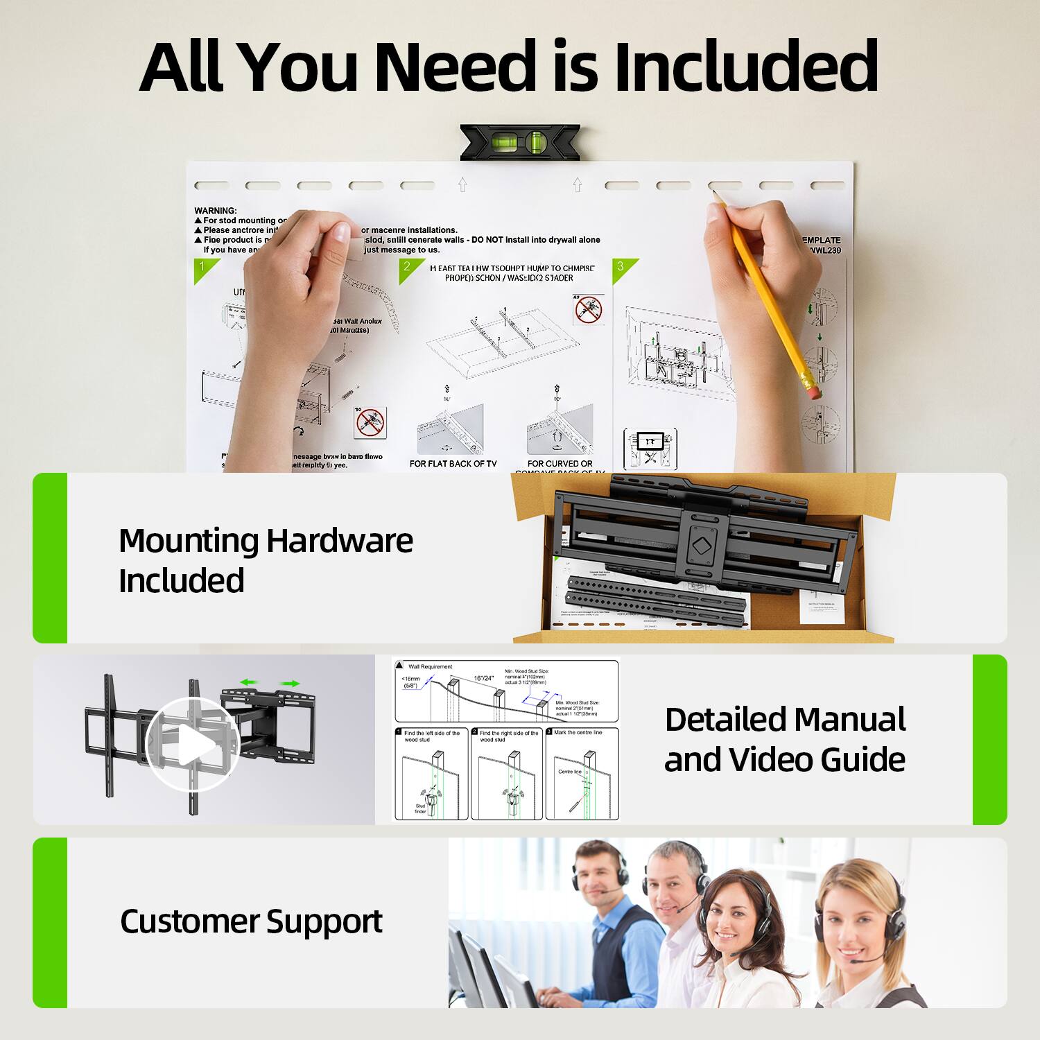 All You Need is Included

WARNING:
- A for abod mounting
- A Please anetnre
- A Fioe product
- you have - 1 uT - marence installations.

Mounting Hardware Included

Detailed Manual and Video Guide

Customer Support