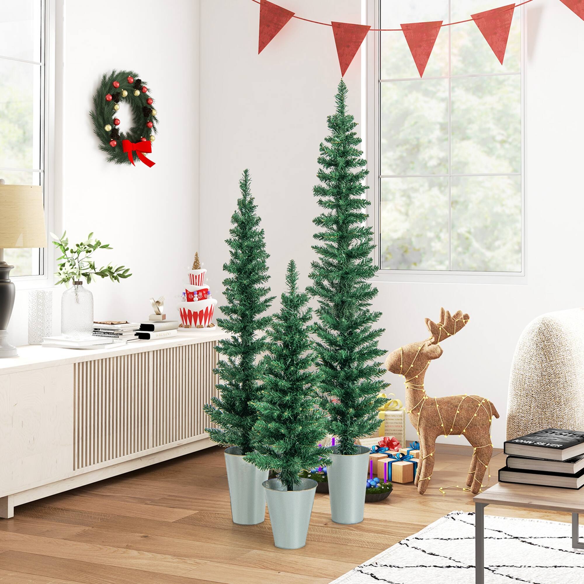 Alt View 1. Costway - Costway Potted Artificial Christmas Tree Set of 3 with 3/4/5 FT Faux Slim Pencil Trees - Silver/Green.