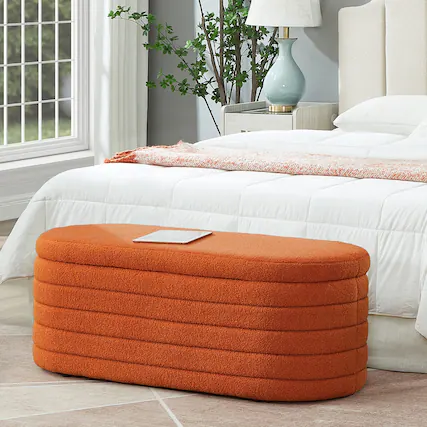 Front. Ropilly - Ropilly Modern Oval Storage Ottoman Bench, Orange Boucle Teddy Fabric End of Bed Bench for Bedroom Entryway - Orange.