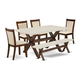 East West Furniture - 6-Pc Dining Room Set Includes a Modern Table and a Small Bench with 4 Light Beige Linen Fabric - Multi-Color
