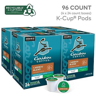 RECYCLABLE K-CUP® PODS  
96 COUNT (4 x 24 count boxes)  
K-Cup® Pods  

Caribou Coffee®  
CARIBOU BLEND  
CARIBOU ROAST COFFEE BLEND  
MEDIUM ROAST COFFEE
