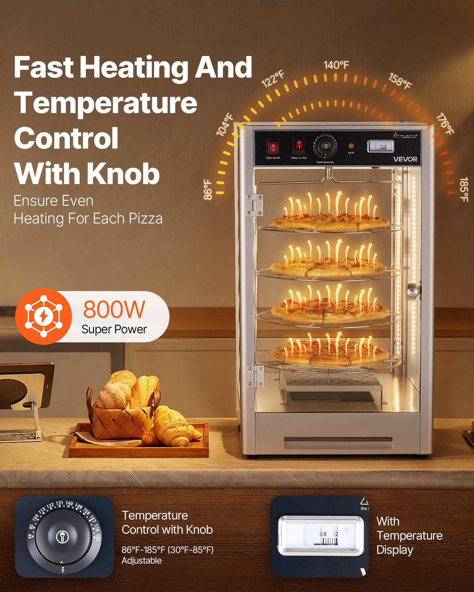 Fast Heating And Temperature Control With Knob  
Ensure Even Heating For Each Pizza  

800W Super Power  

Temperature Control with Knob  
86°F-185°F (30°F-85°F) Adjustable  

With Temperature Display