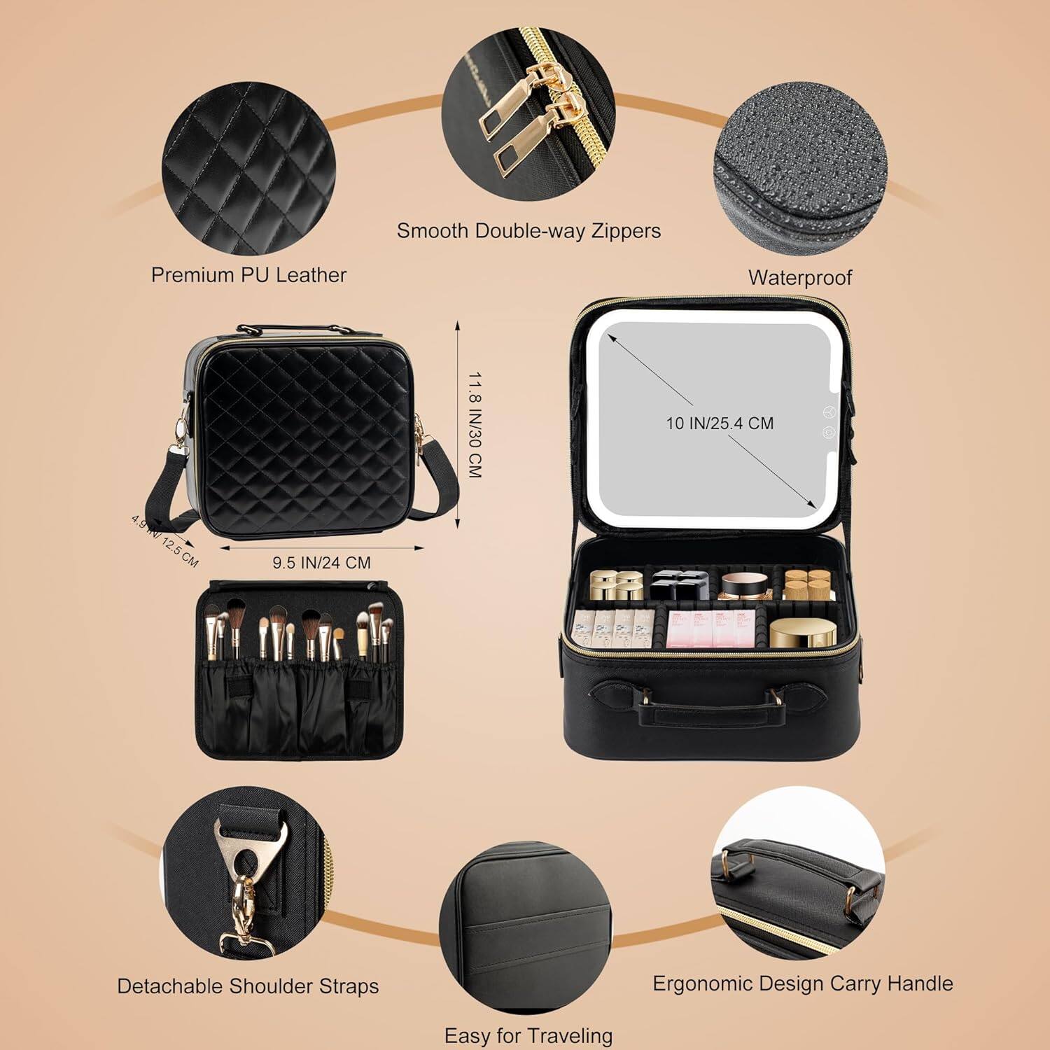 Smooth Double-way Zippers  
Premium PU Leather  
Waterproof  
Detachable Shoulder Straps  
Ergonomic Design Carry Handle  
Easy for Traveling  

Dimensions:  
9.5 IN/24 CM  
11.8 IN/30 CM  
10 IN/25.4 CM