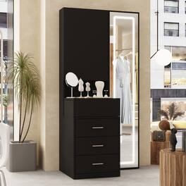 Famapy - Vanity with LED Full-Length Mirror, Sliding Top Storage & Drawers, Modern Makeup Organizer for Bedroom - Black