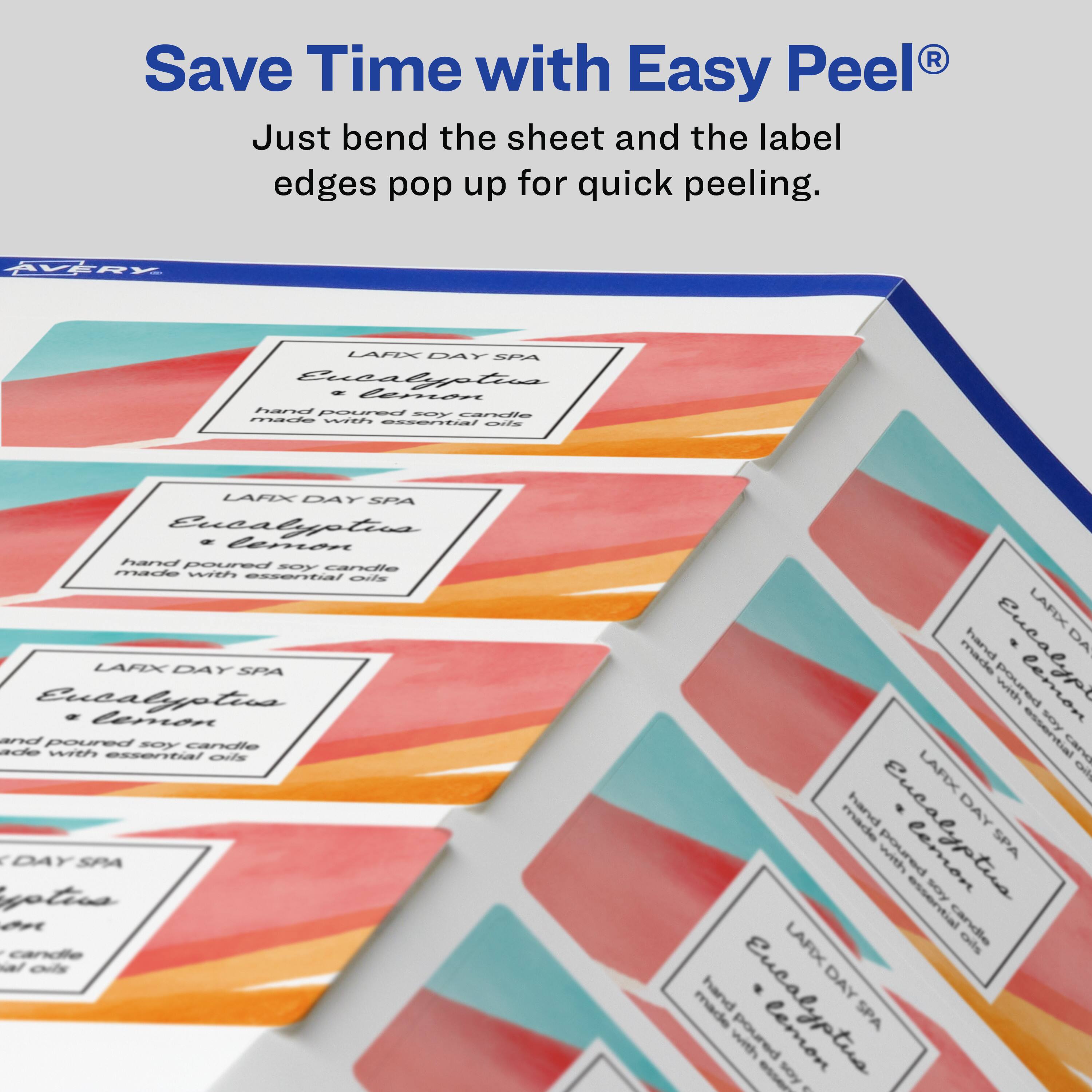 Save Time with Easy Peel®  
Just bend the sheet and the label edges pop up for quick peeling.  

LAFIX DAY SPA  
Eucalyptus & Lemon  
hand poured soy candle made with essential oils  

LAFIX DAY SPA  
Eucalyptus & Lemon  
hand poured soy candle made with essential oils  

LAFIX DAY SPA  
Eucalyptus & Lemon  
hand poured soy candle made with essential oils