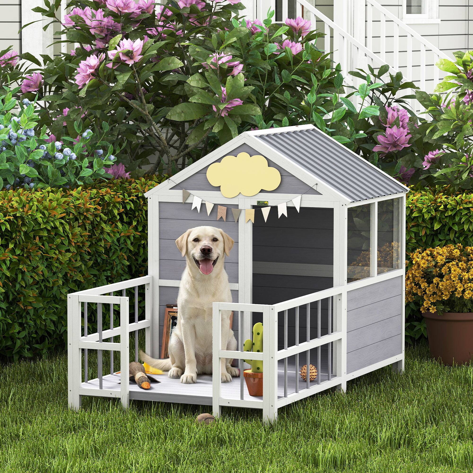 Alt View 1. Pawhut - Dog House, 61"L Wooden Dog House with Porch, Weatherproof Roof, Elevated Base - Gray.