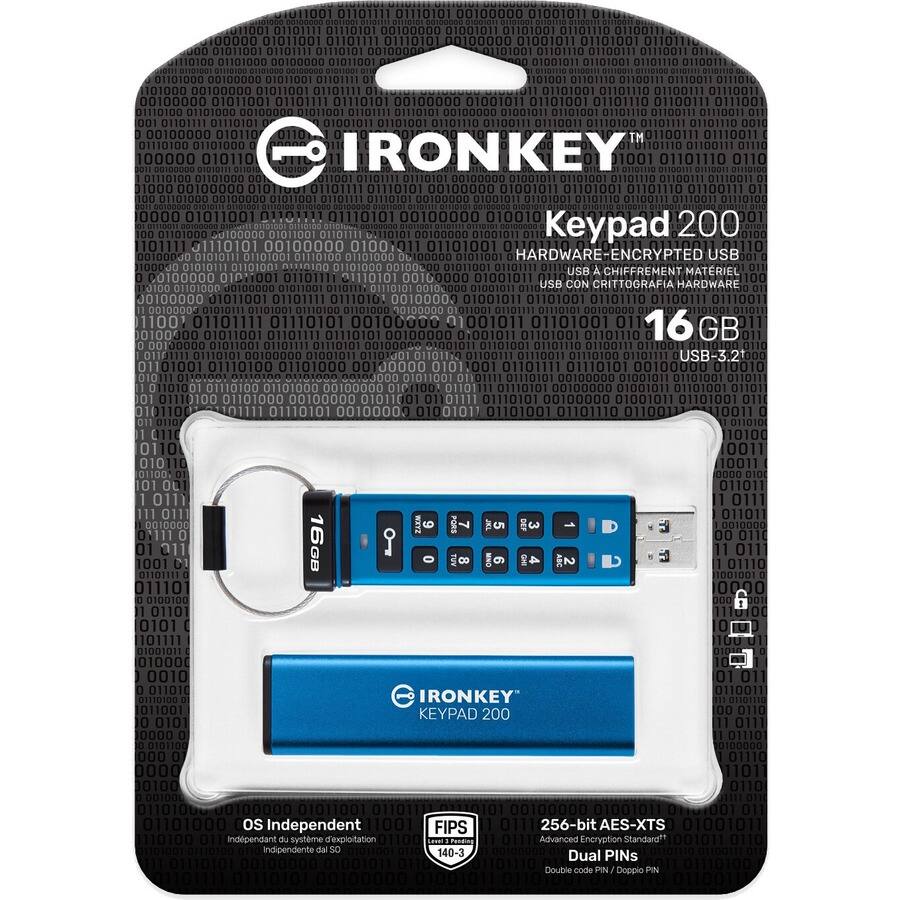 IRONKEY™  
Keypad 200  
HARDWARE-ENCRYPTED USB  
USB A CHIFFREMENT MATERIEL  
USB CON CRITTOGRAFIA HARDWARE  
16GB  
USB 3.2  

OS Independent  
Indépendant du système d'exploitation  
Indipendente dal SO  

FIPS 140-2  
256-bit AES-XTS  
Advanced Encryption Standard††  
Dual PINs  
Double-carte PIN / Doppio PIN  

IRONKEY™  
KEYPAD 200