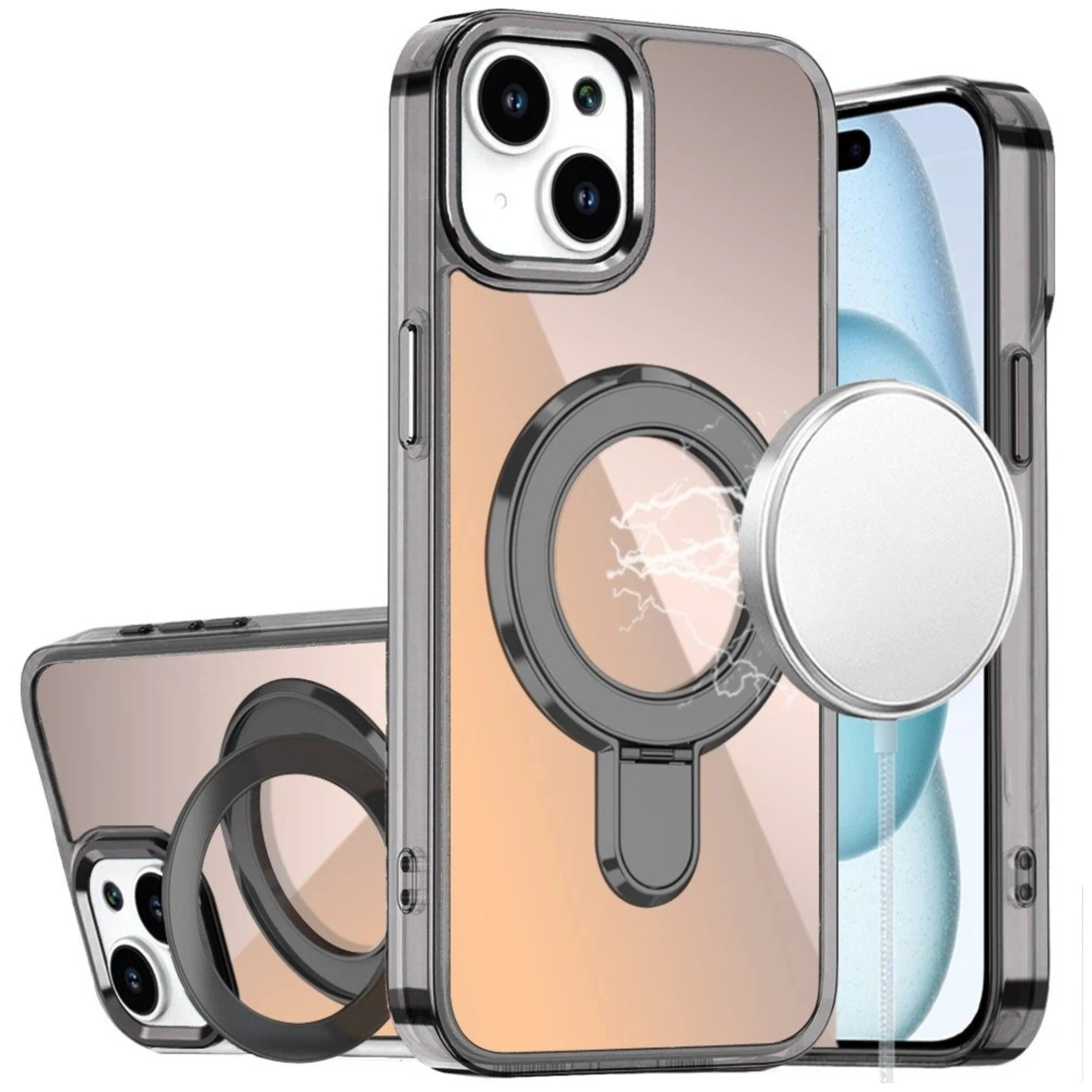 Front. Kitcheniva - Radiant Chrome Magnetic Circle Stand Case With 2 Tempered Glass For iPhone 15 Black - Black.