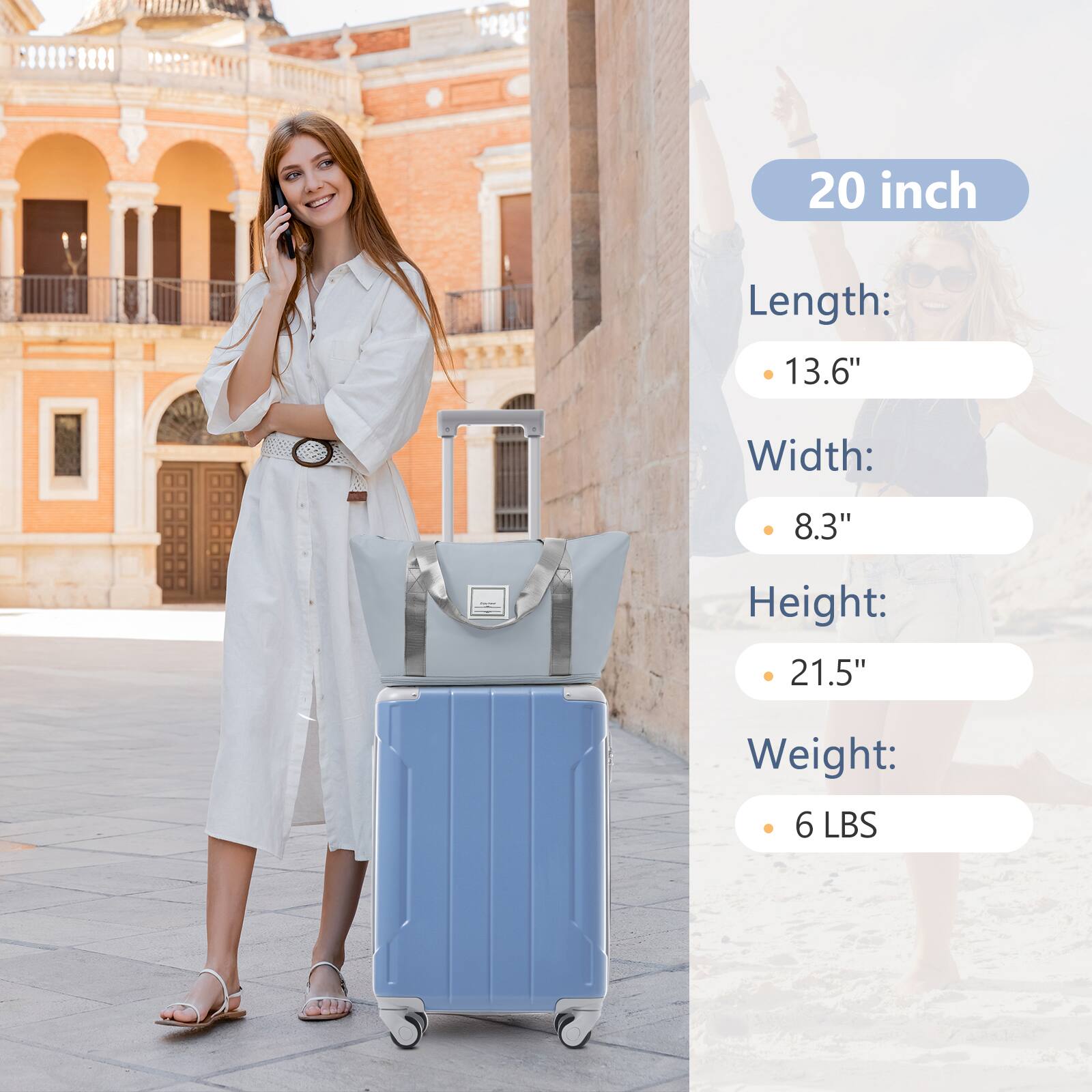 20 inch

Length: 13.6"

Width: 8.3"

Height: 21.5"

Weight: 6 LBS