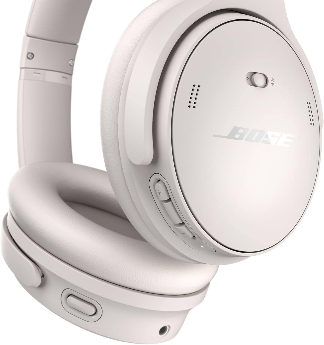 Left. Bose - Bose QuietComfort Headphones Bundle with Fast Charger - Wireless Bluetooth Over-Ear Noise Cancelling (White).