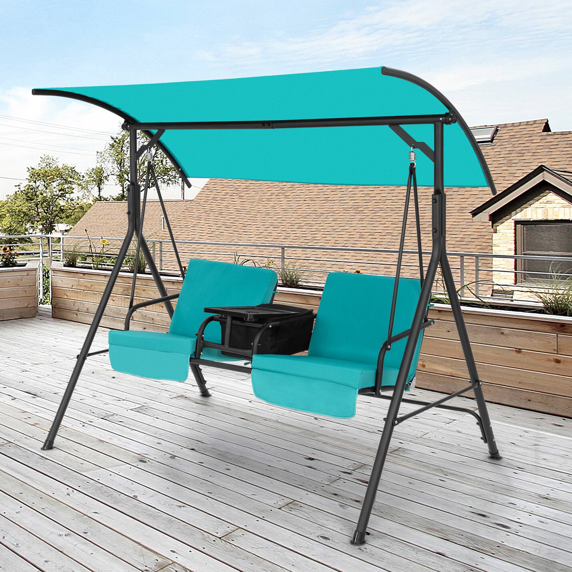 Alt View 8. Gymax - Gymax 2-Person Canopy Porch Swing Padded Chair Cooler Bag Rotatable Tray Turquoise - Turquoise.