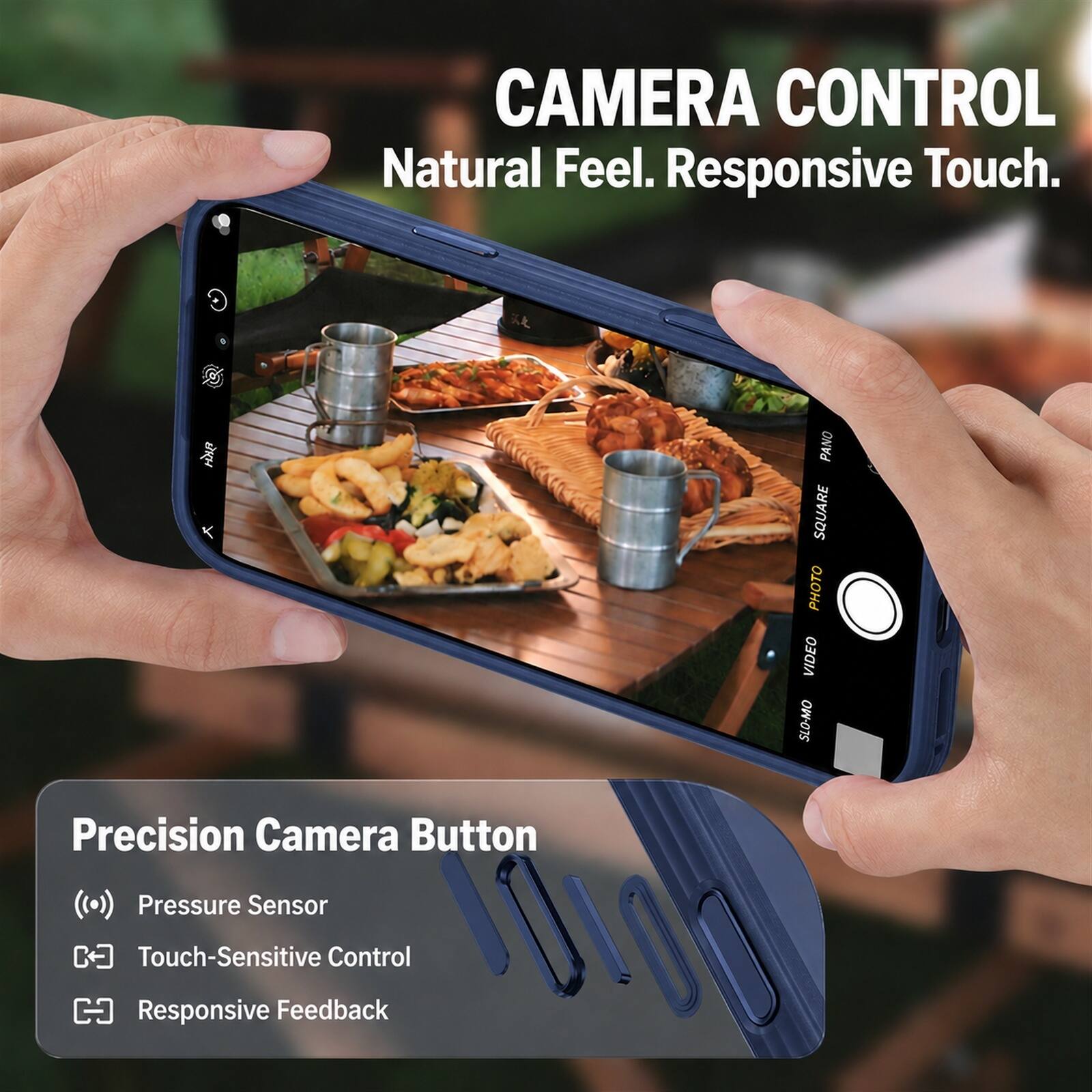 CAMERA CONTROL  
Natural Feel. Responsive Touch.

PANO SQUARE PHOTO VIDEO SLO-MO

Precision Camera Button  
Pressure Sensor  
Touch-Sensitive Control  
Responsive Feedback