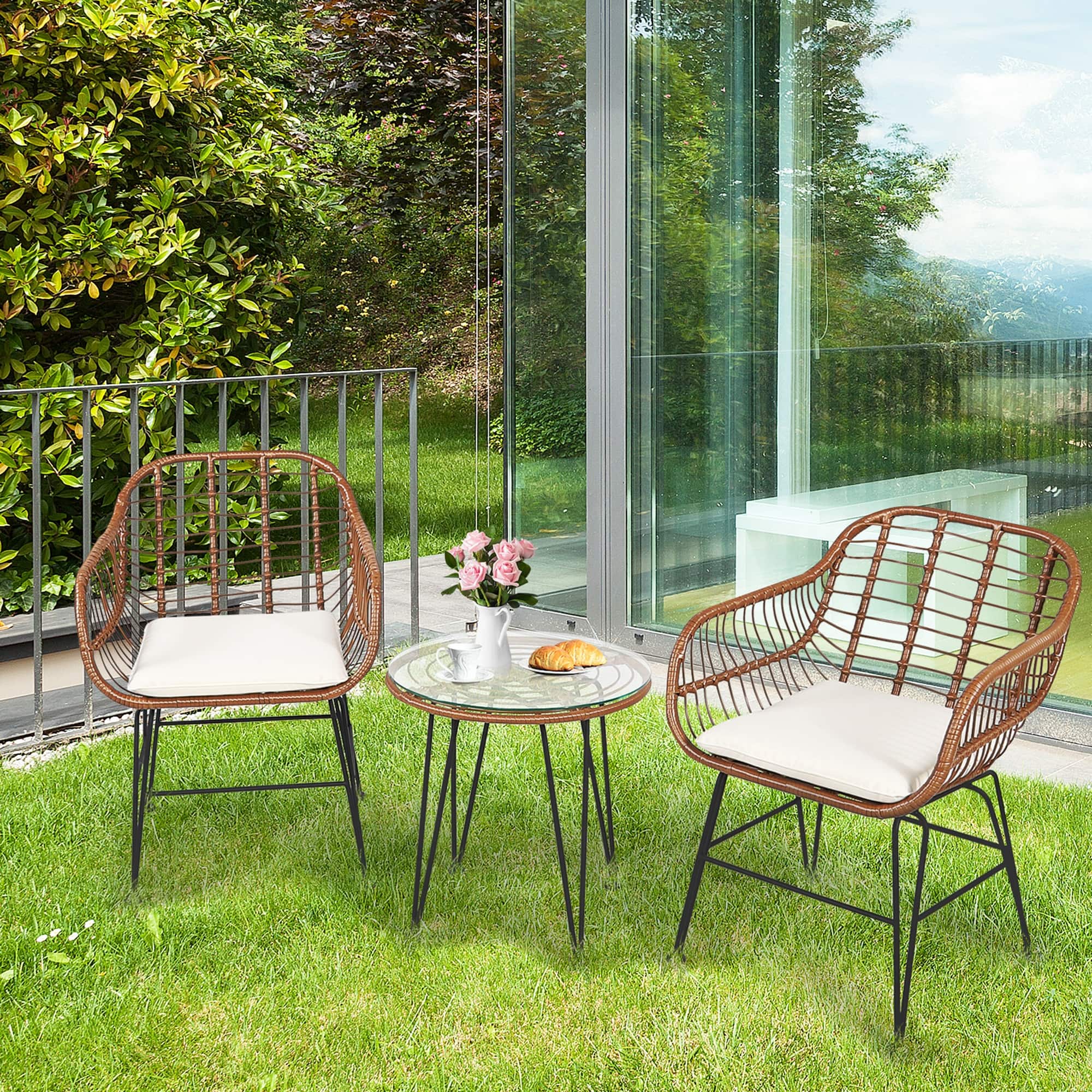 Gymax - 3PCS Rattan Patio Conversation Set Bistro Chat Set w/ Cushions - Beige