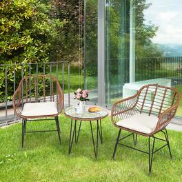 Gymax - 3PCS Rattan Patio Conversation Set Bistro Chat Set w/ Cushions - Beige
