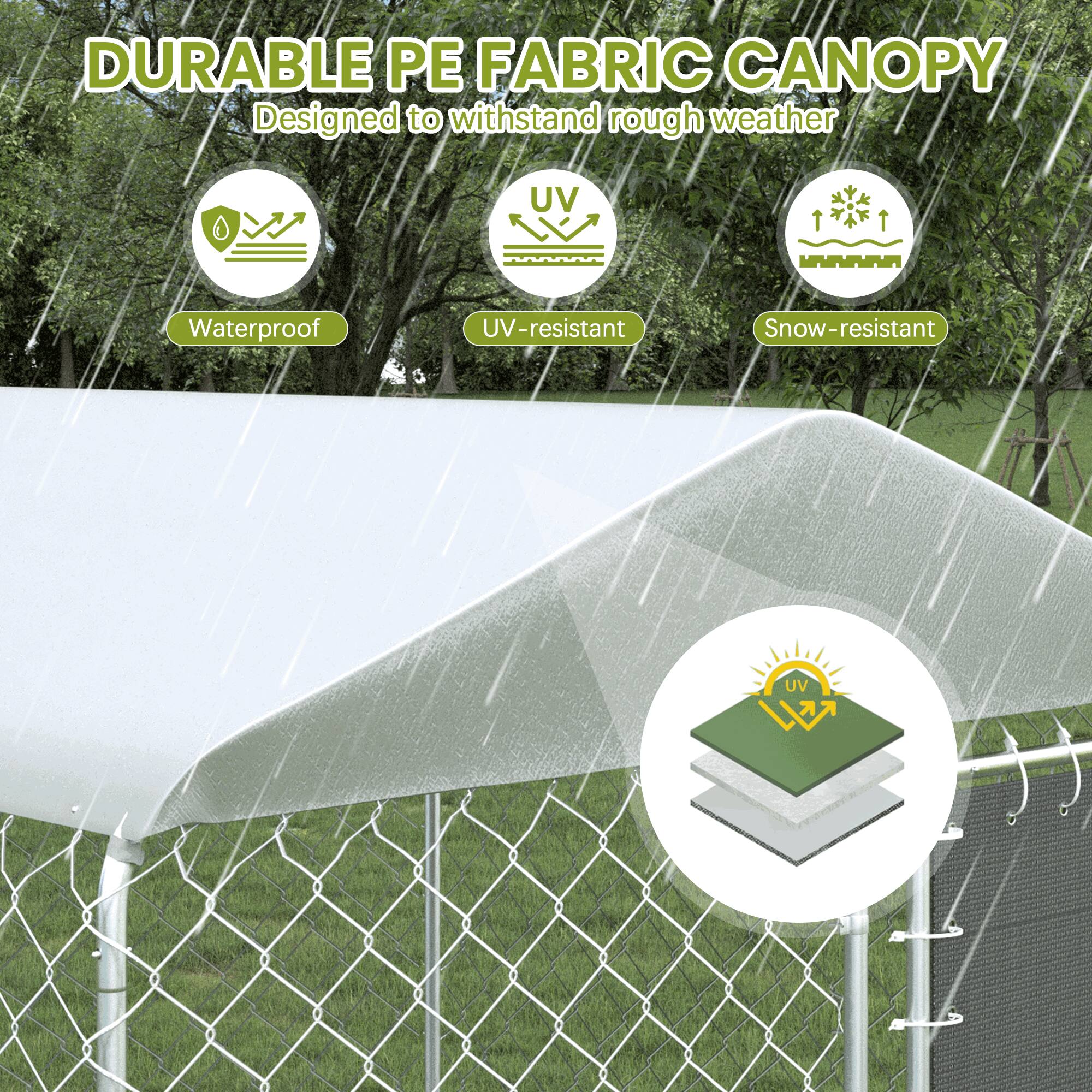 DURABLE PE FABRIC CANOPY  
Designed to withstand rough weather  

- Waterproof  
- UV-resistant  
- Snow-resistant