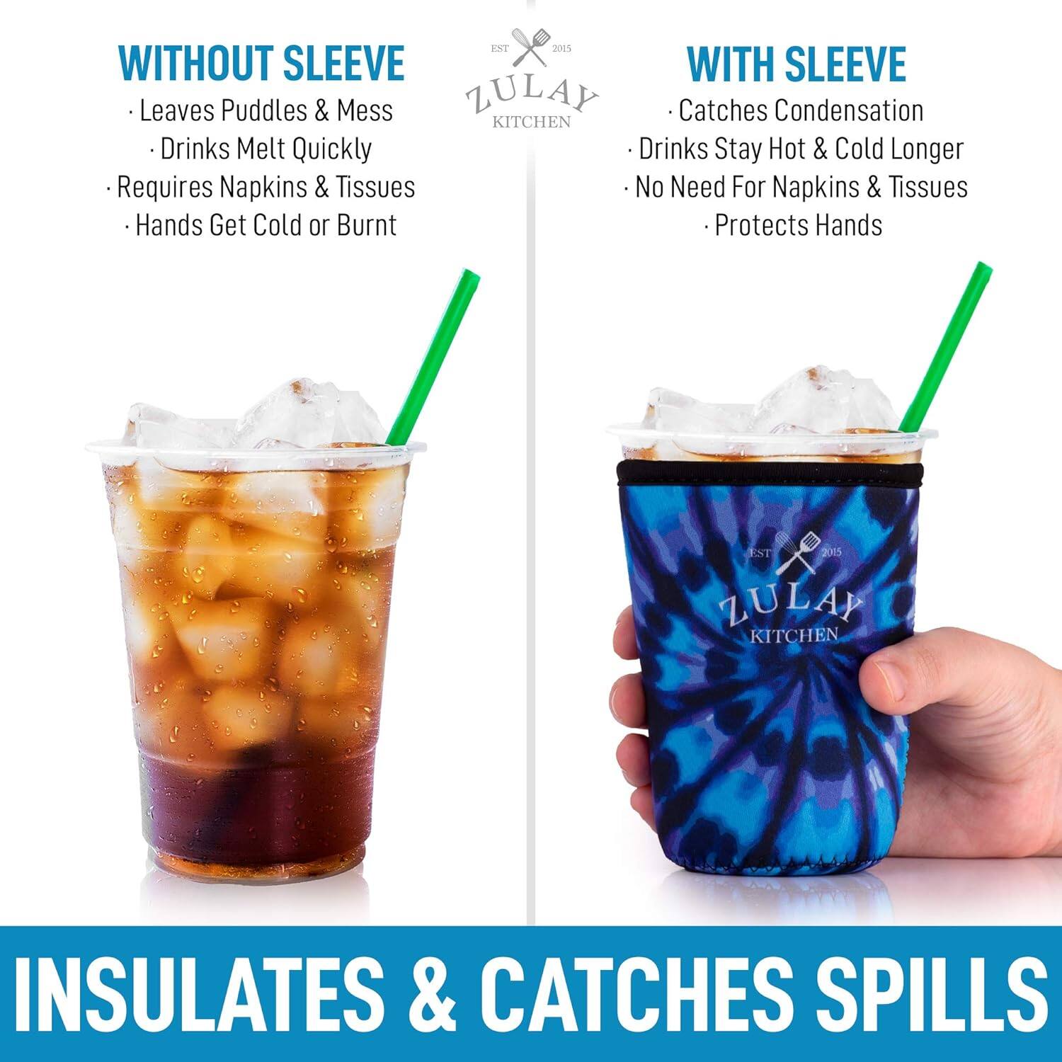 **WITHOUT SLEEVE**
- Leaves Puddles & Mess
- Drinks Melt Quickly
- Requires Napkins & Tissues
- Hands Get Cold or Burnt

**WITH SLEEVE**
- Catches Condensation
- Drinks Stay Hot & Cold Longer
- No Need For Napkins & Tissues
- Protects Hands

**INSULATES & CATCHES SPILLS**