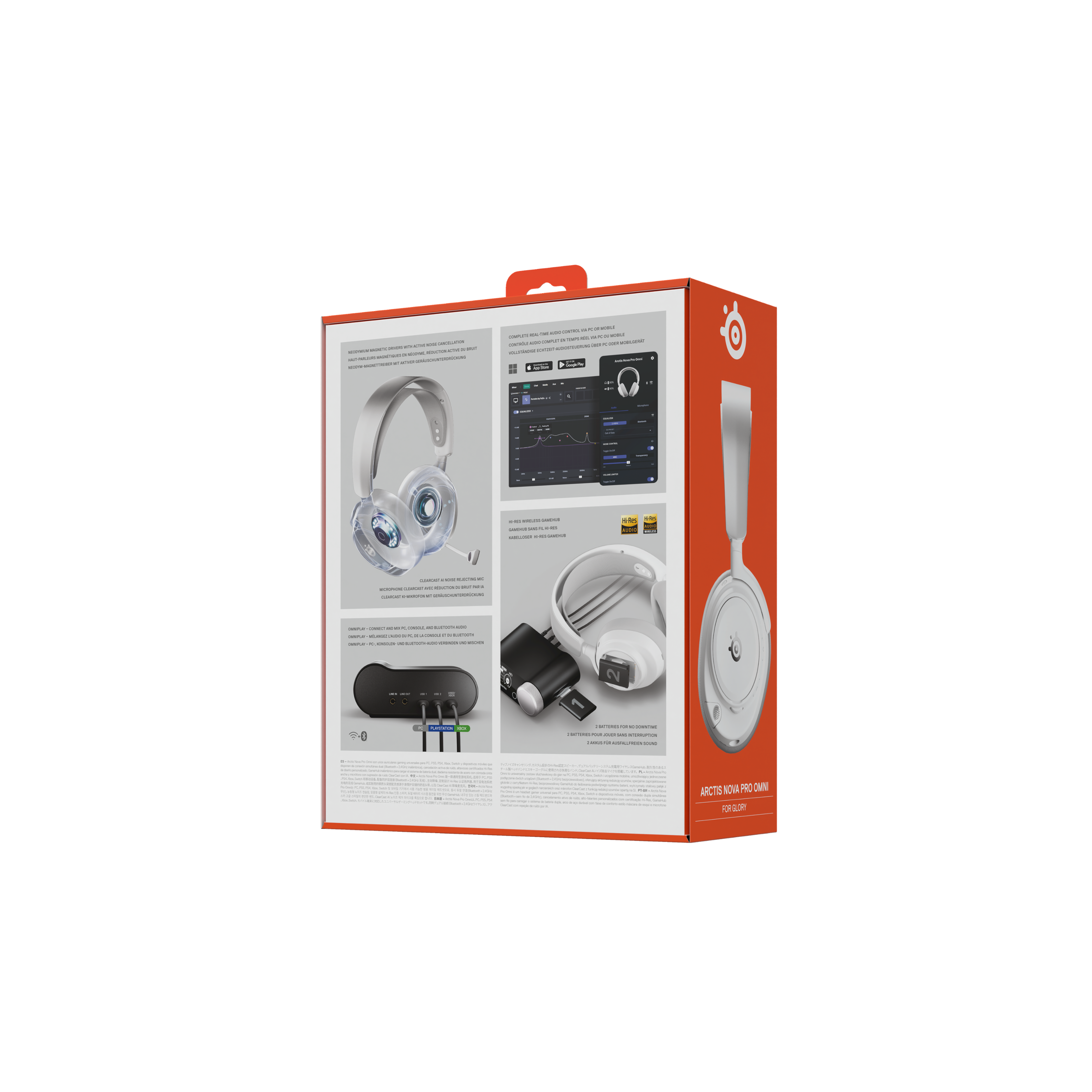 **NOISE CANCELLATION WITH ACTIVE NEODYMIUM MAGNETIC DRIVERS**  
- NEODYMIUM MAGNETIC DRIVERS WITH ACTIVE NOISE CANCELLATION  
- HAUT-PARLEURS MAGNÉTIQUES EN NEODYM, RÉDUCTION ACTIVE DU BRUIT  
- NEODYM-MAGNETTREIBER MIT AKTIVER GERÄUSCHUNTERDRÜCKUNG  

**COMPLETE REAL-TIME AUDIO CONTROL VIA PC OR MOBILE**  
- COMPLET EN TEMPS RÉEL VIA PC OU MOBILE  
- VOLLSTÄNDIGE ECHTZEIT-AUDIOSTEUERUNG ÜBER PC ODER MOBILGERÄT  
- Google Play Store  
- App Store  

**HI-RES WIRELESS GAMEHUB**  
- GAMEHUB SANS FIL HI-RES  
- KABELLOSES HI-RES GAMEHUB  
- Hi-Res AUDIO WIRELESS  

**CLEARCAST NOISE REJECTING MIC**  
- MICROPHONE CLEARCAST AVEC RÉDUCTION DU BRUIT PAR IA  
- CLEARCAST KI-MIKROFON MIT GERAUSCHUNTERDRÜCKUNG  

**