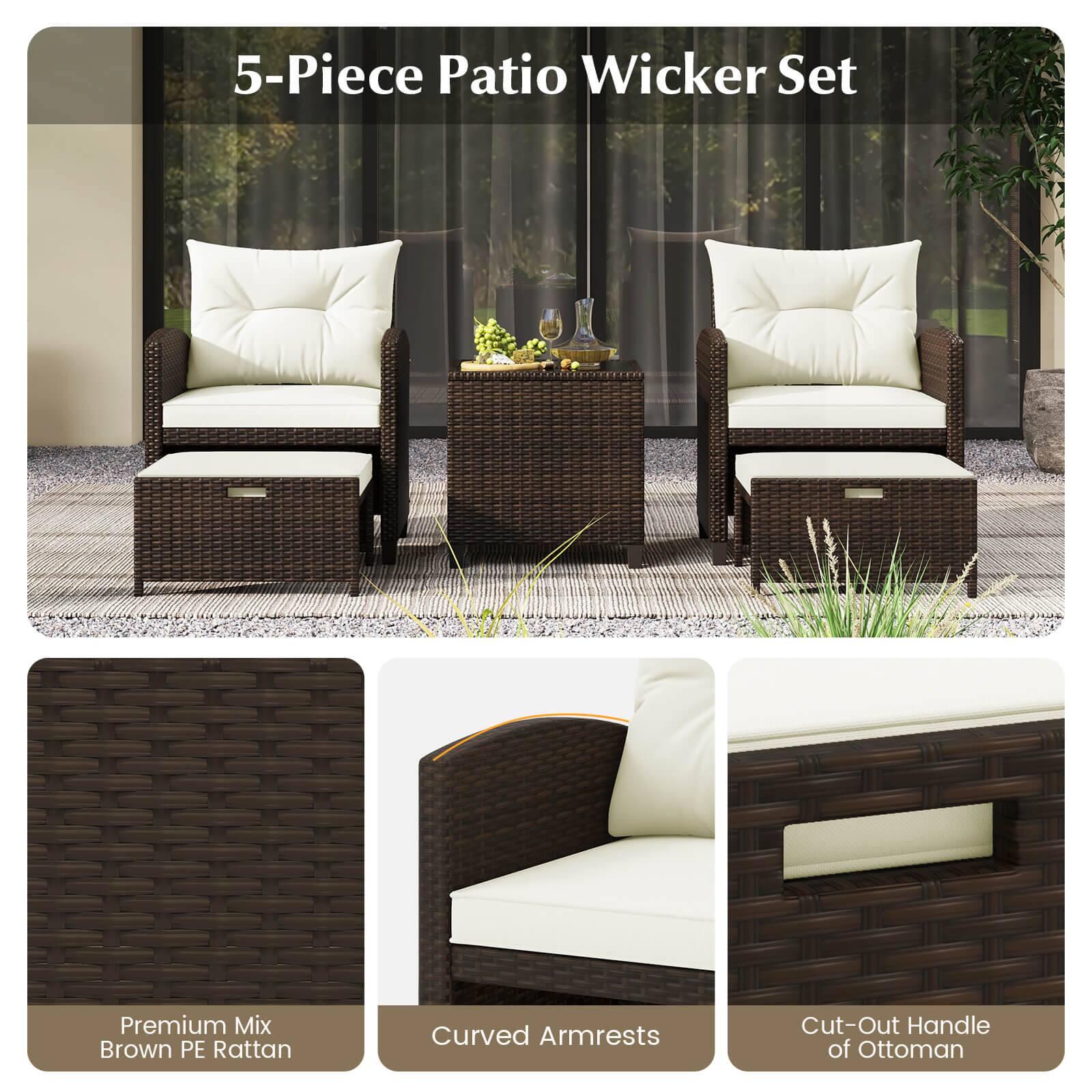 5-Piece Patio Wicker Set Premium Mix Brown PE Rattan Curved Armrests Cut-Out Handle of Ottoman
