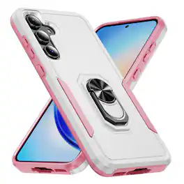 Dteck - for Samsung Galaxy A17 5G Phone Case, Heavy Duty Shockproof Protective Cover with Metal Ring Holder Kickstand - White+Pink