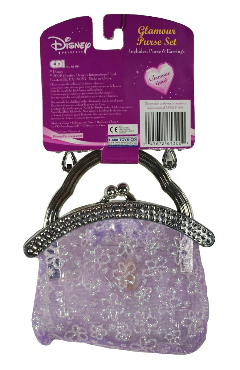 Glamour Purse Set  
Includes: Purse & Earrings  

Disney Princess  
CD No. 61300  
© 2005 Creative Designs International, Ltd.  
Feasterville, PA 19053  
Made in China  

Please retain this address for future reference:  
Disney Princess  
1-888-TOYS-CDI  
DisneyPrincess.com  

This product conforms to the safety requirements of ASTM F 963.  

CE  

Made in China  

Disney Princess  
1-888-TOYS-CDI  
DisneyPrincess.com  

Glamour time!