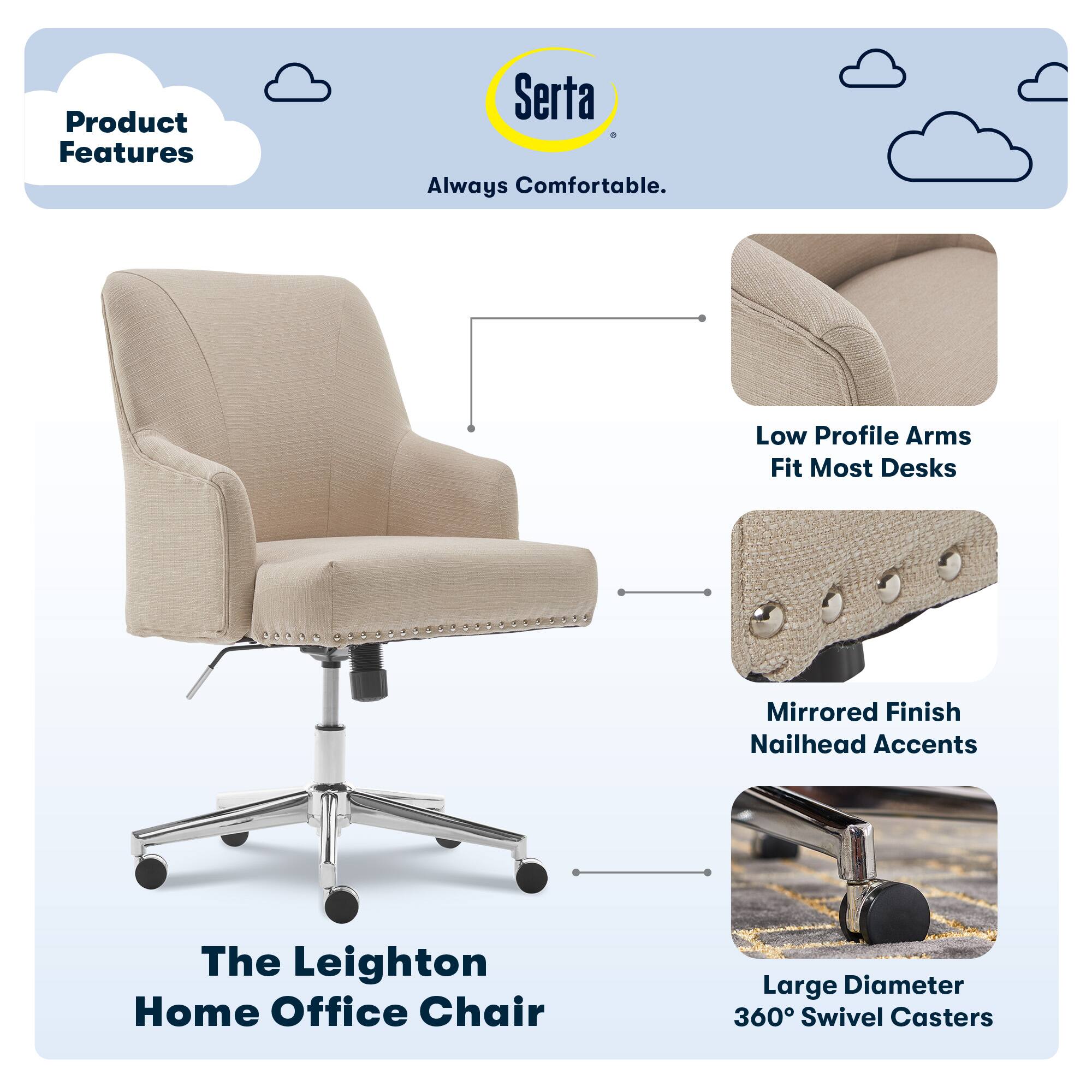 The Leighton Home Office Chair is designed to provide comfort and functionality for your home office. It features a low profile arm design that fits most desks, a mirrored finish with nailhead accents for added style, and large diameter 360 swivel casters for easy maneuverability. The chair is made by Serta, ensuring that it is always comfortable for you to use.