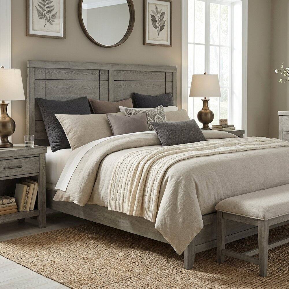 Left. FurniFact - Wood King Headboard with Solid Build and Classic Design for Bedroom - Gray.