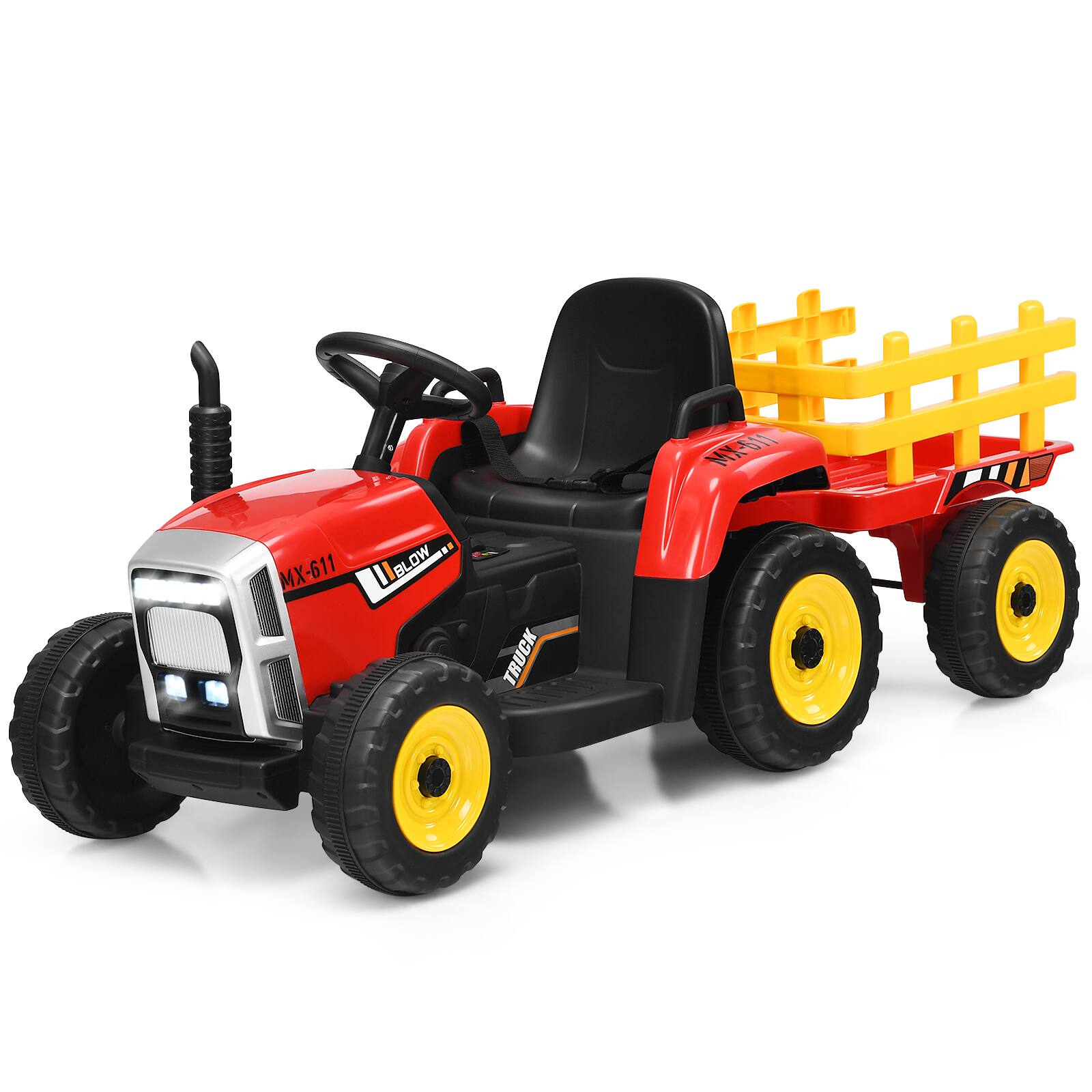Costway - 12V Kids Ride On Tractor with Trailer Ground Loader w/ RC & Lights - Red