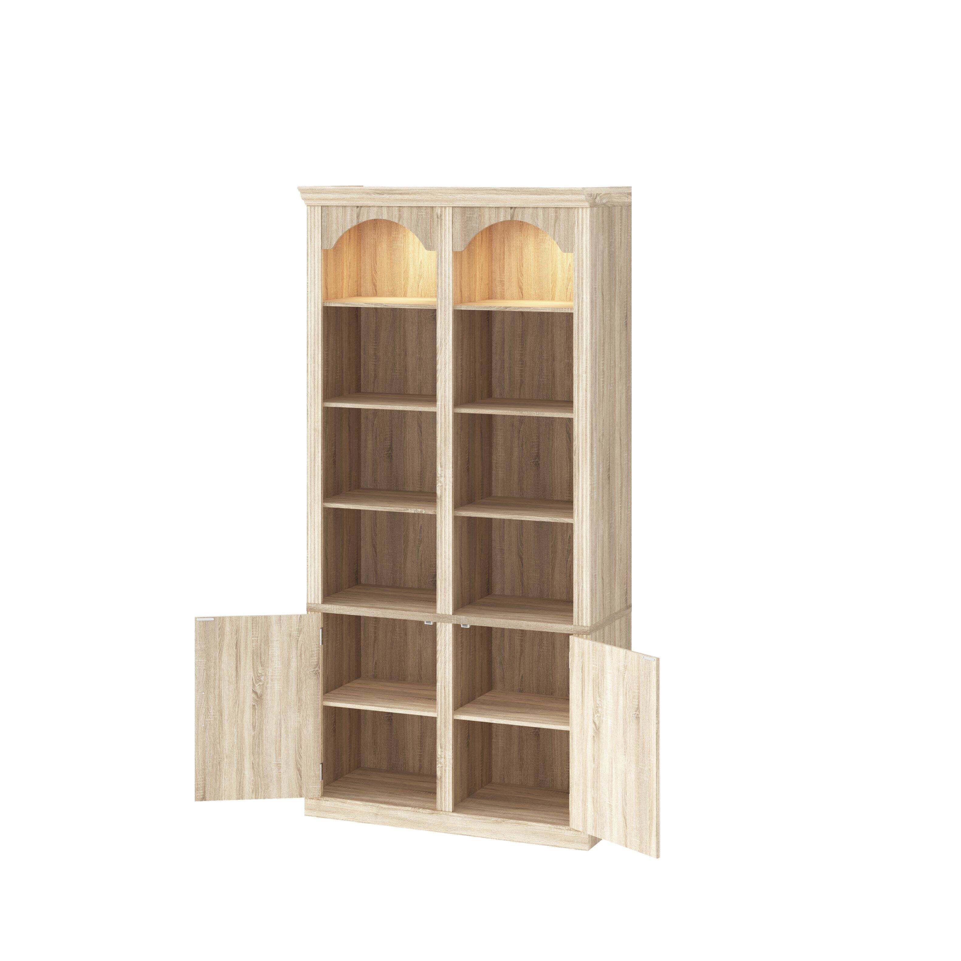 Alt View 6. FUFU & GAGA - Tall Arched Display Cabinet with LED Lights, Wooden Bookcase with Storage Doors, 43" Wide Cabinet for Home Office - Light Oak.