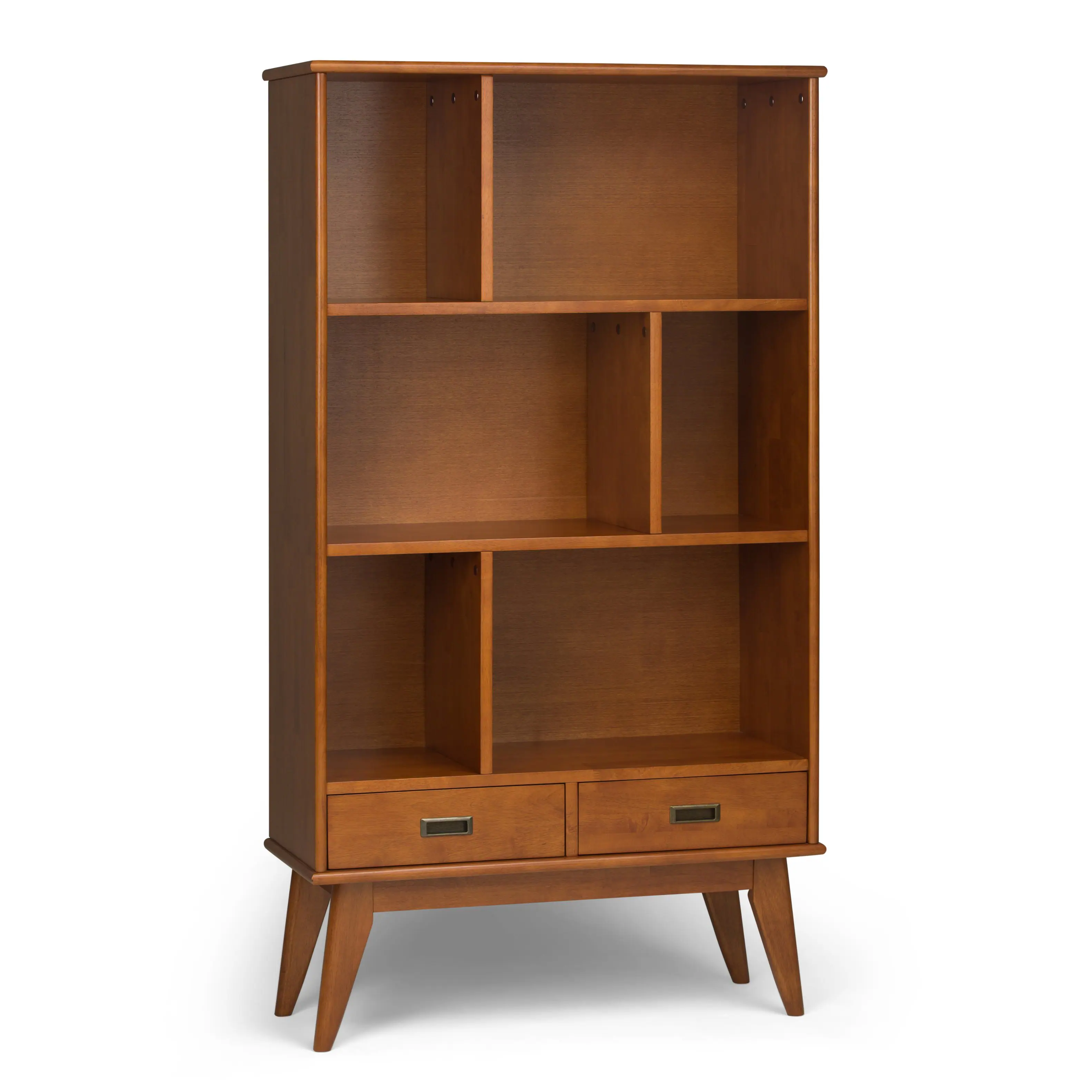 Front. TinyHomie - Draper Mid Century Wide Bookcase and Storage Unit Teak Brown.