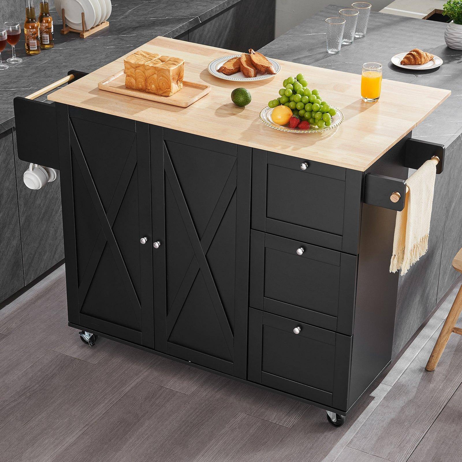 Alt View 1. Glintex - Kitchen Island Cart, 56" Wood Top Mobile Storage Cabinet with Drop Leaf, Drawer, Adjustable Shelf, Spice Rack and Hooks - Black.