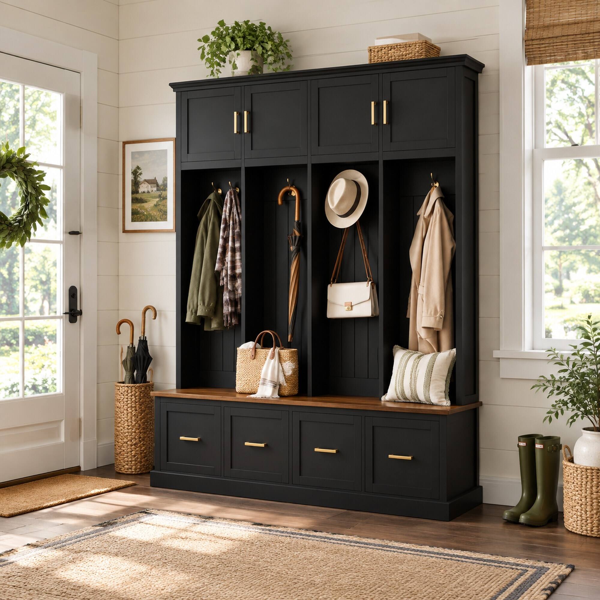 Left. RYHNUYNE - U-Can Farmhouse Hall Tree, 59 in Wide, MDF, White Finish, Gold Hardware, Hooks and Cabinets, Entryway Storage - Antique Black.