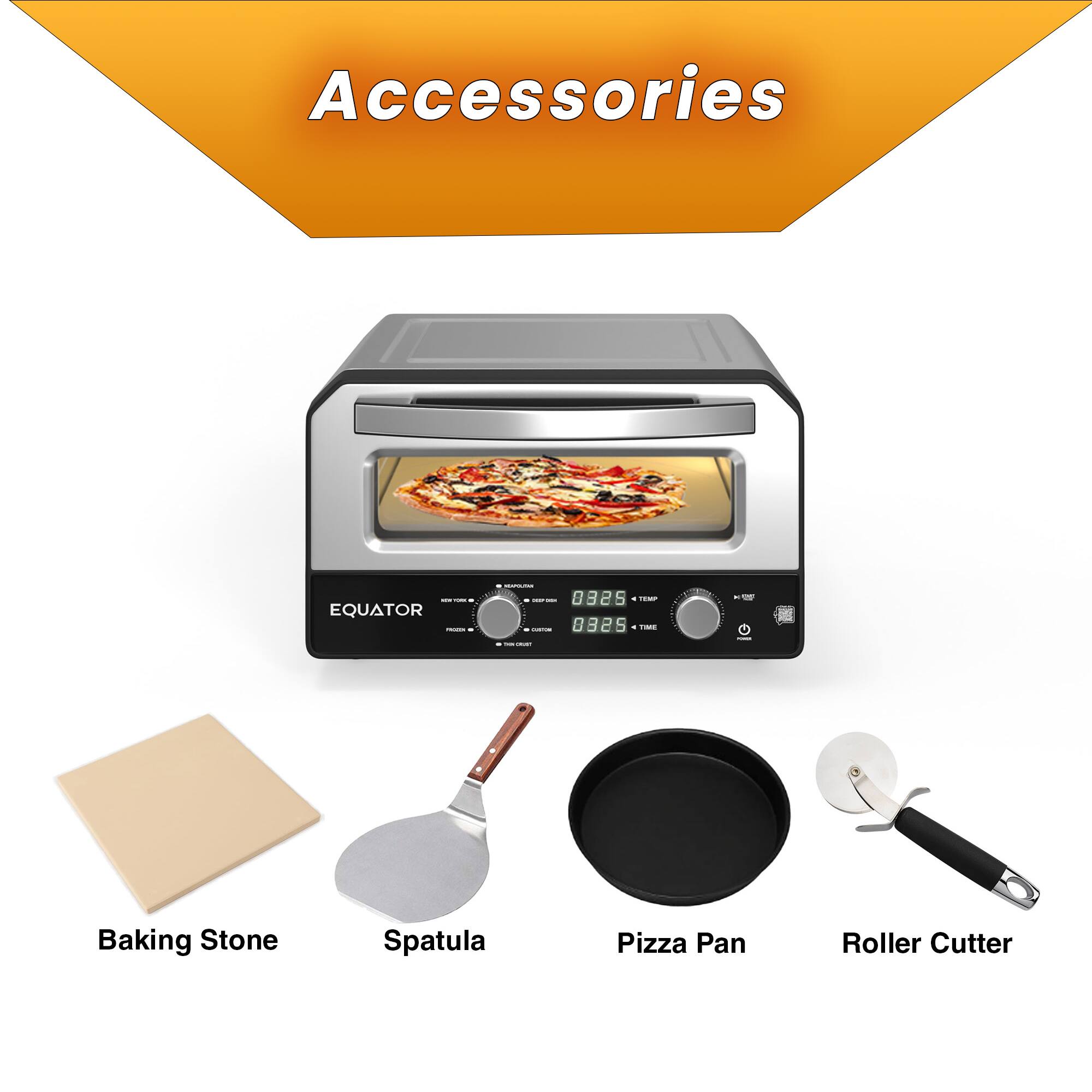 Accessories - I 1 - EQUATOR | - I E e D I - - b i . - - - Baking Stone, Spatula, Pizza Pan, Roller Cutter