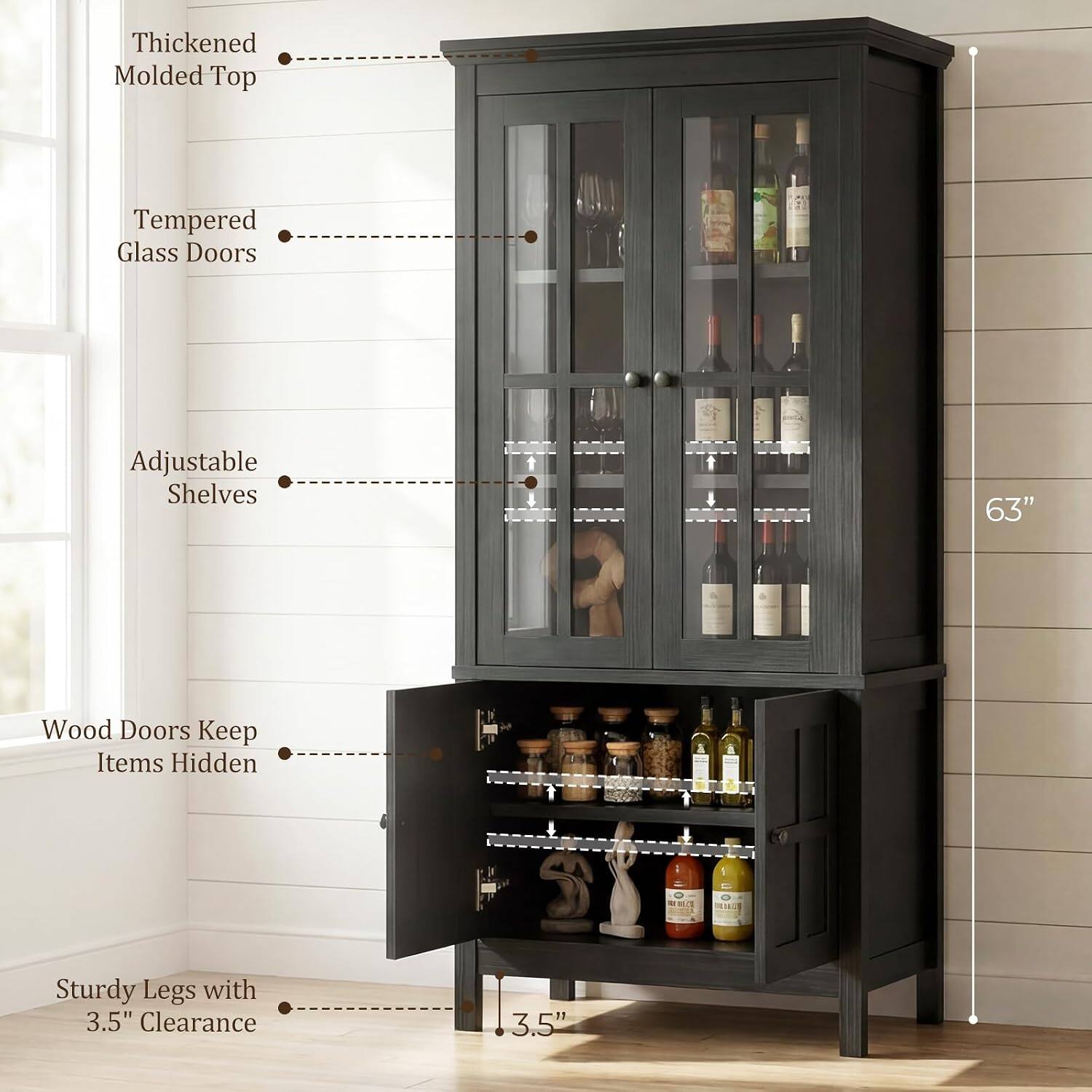 Thickened Molded Top Tempered Glass Doors Adjustable Shelves 63" Wood Doors Keep Items Hidden 5 M SI8U Sturdy Legs with 3.5" Clearance