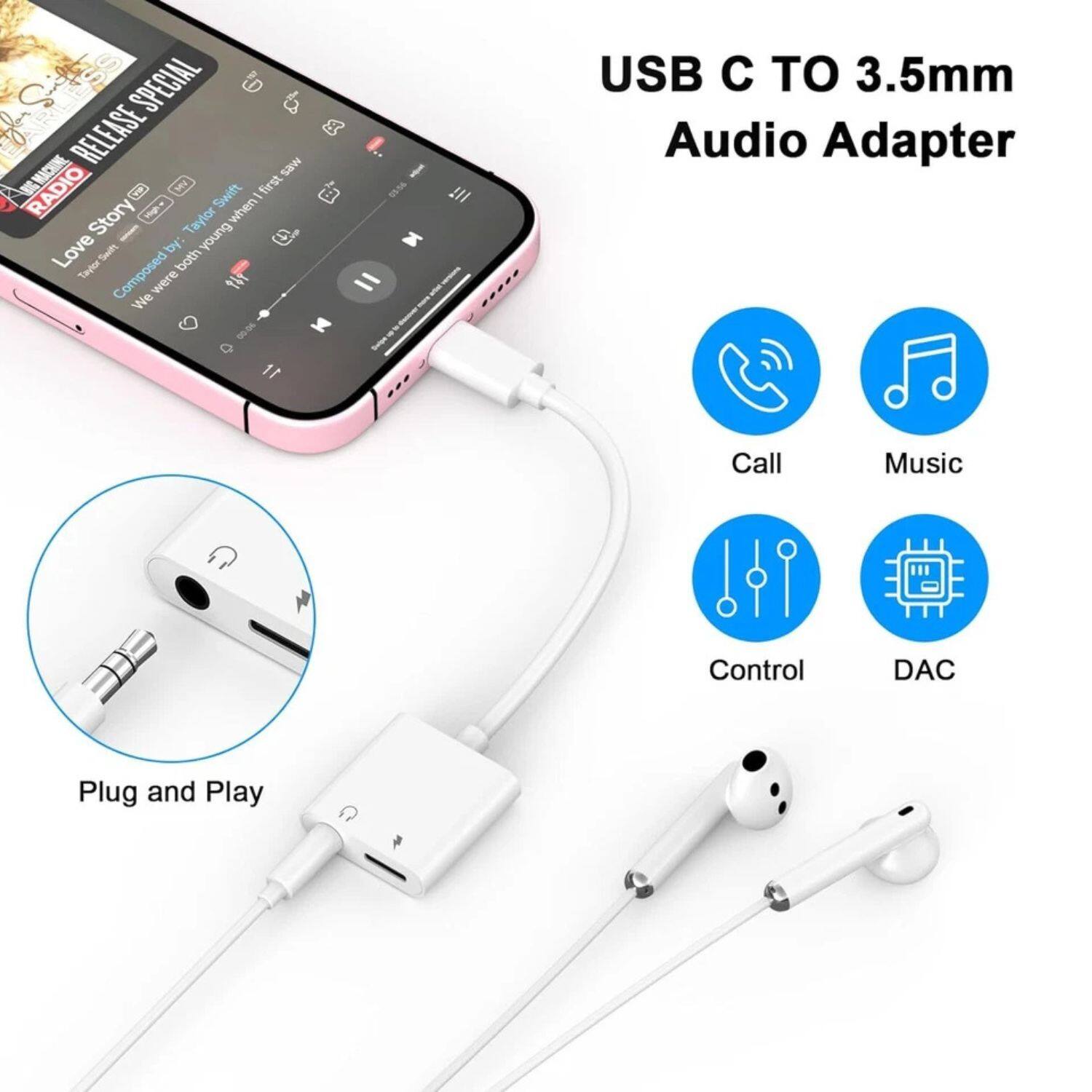 Sure, here is the corrected and grouped text from the image:

---

**USB C TO 3.5mm Audio Adapter**

- **Call**
- **Music**
- **Control**
- **DAC**

**Plug and Play**

---

**SPECIAL RELEASE SPECIAL**

**RADIO**

**Love Story**  
*Taylor Swift*  
*Composed by: Taylor Swift*  
*We were both young when I first saw you*

---

