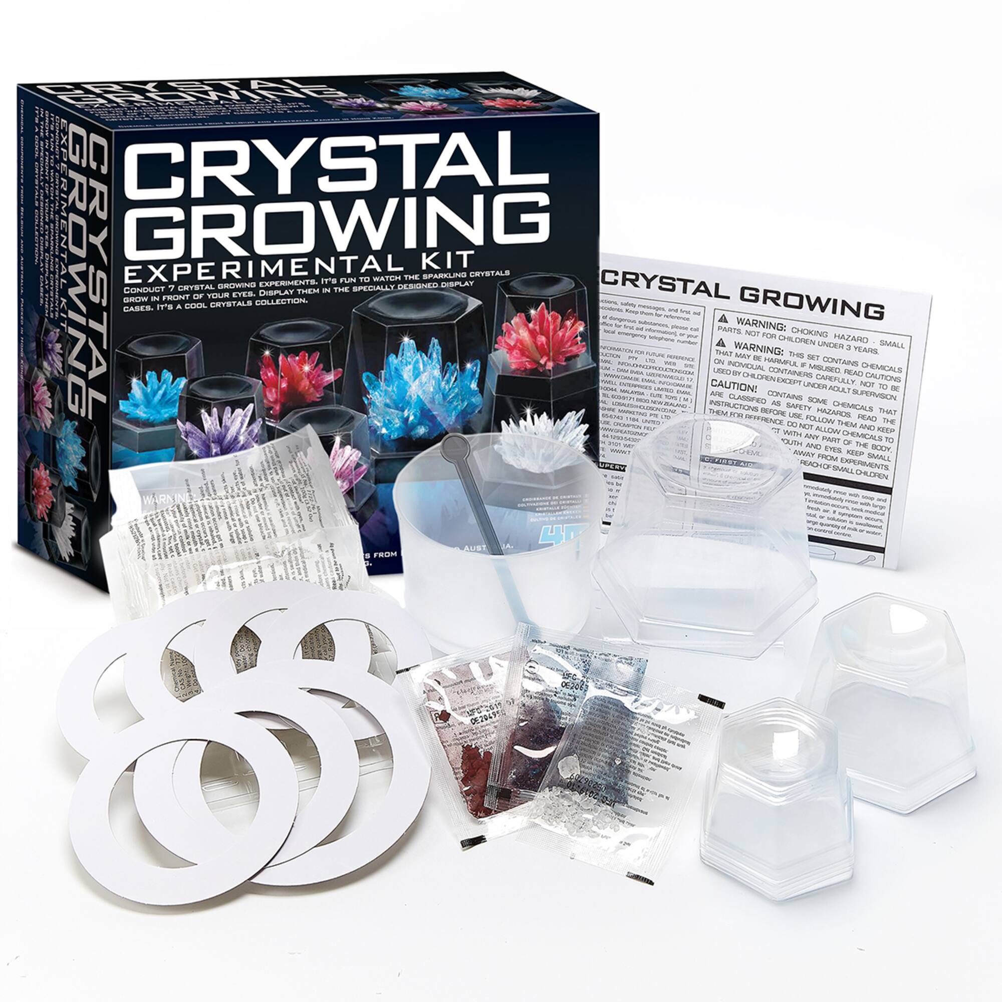 CRYSTAL GROWING EXPERIMENTAL KIT

CONDUCT 7 CRYSTAL GROWING EXPERIMENTS. IT'S FUN TO WATCH THE SPARKLING CRYSTALS GROW. DISPLAY THEM IN THE SPECIALLY DESIGNED DISPLAY CASES. IT'S A COOL CRYSTALS COLLECTION.

WARNING: CHOKING HAZARD - SMALL PARTS. NOT FOR CHILDREN UNDER 3 YEARS.

CAUTION: THIS SET CONTAINS SOME CHEMICALS. READ THE INSTRUCTIONS BEFORE USE. KEEP OUT OF REACH OF CHILDREN.