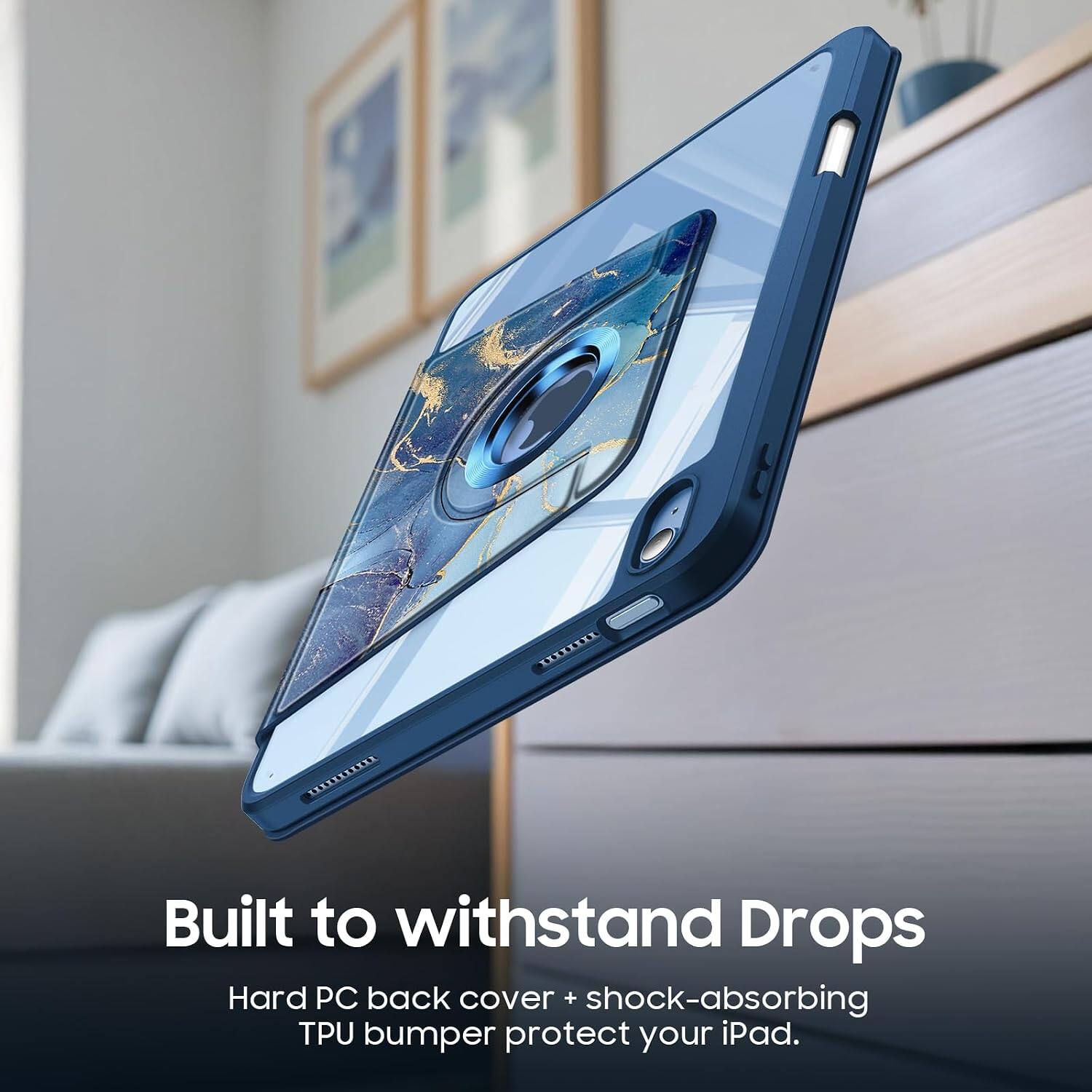Built to withstand Drops  
Hard PC back cover + shock-absorbing TPU bumper protect your iPad.