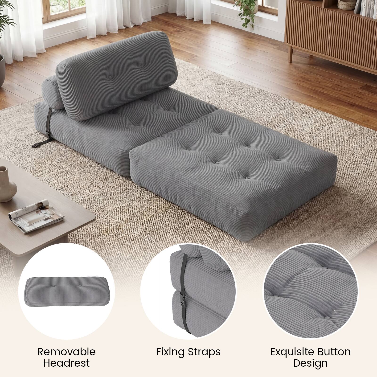 Removable Headrest  
Fixing Straps  
Exquisite Button Design