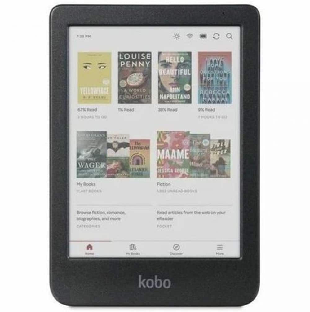 7:38 PM

LOUISE PENNY
YELLOWTACE
67% Read
1 HOURS TO WAGER

ANN NAPOLITANO
HELLO BEAUTIFUL
30% Read

REBECCA MARR
A WORLD OF CURIOSITIES
9% Read

SUAE
MAAME
THE WAGER

My Books
Browse fiction, romance, biographies, and more
CATEGORIES

Read articles from the web on your eReader
POCKET

kobo
