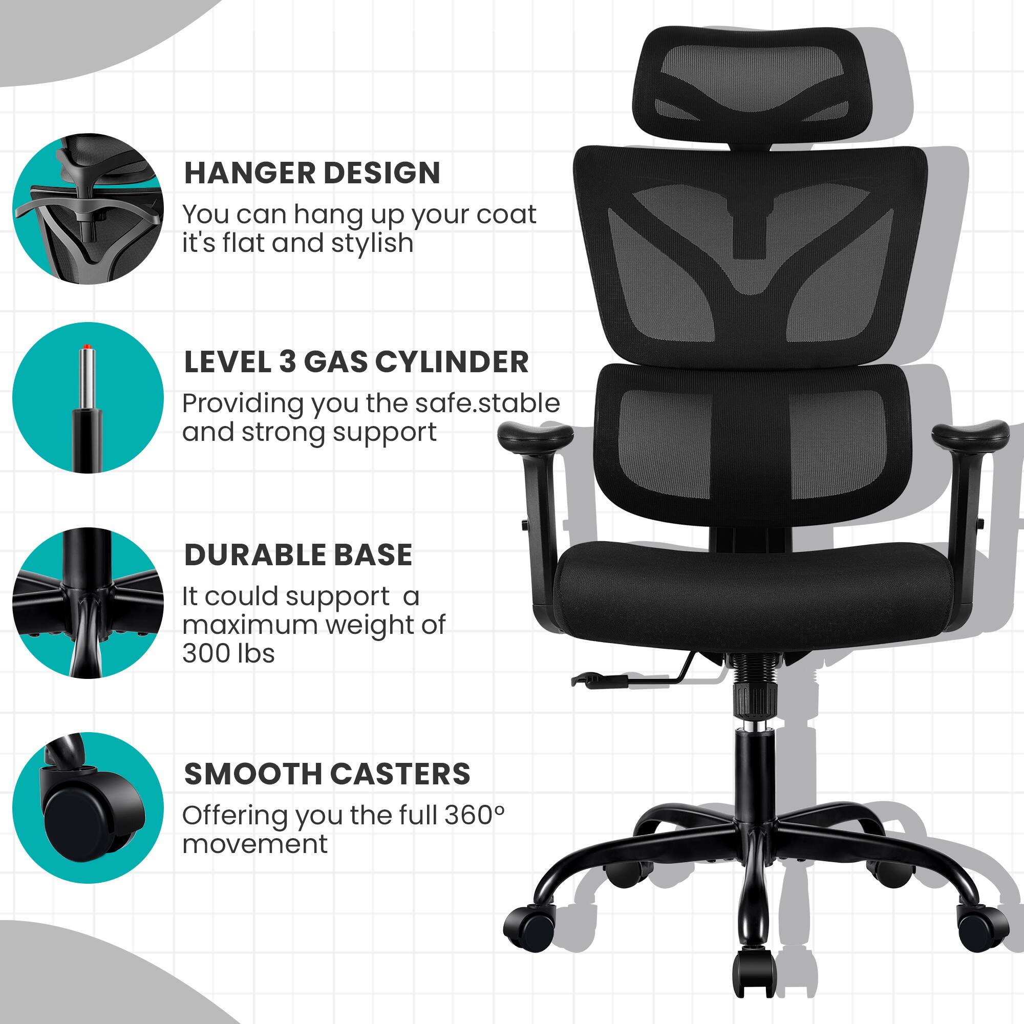 HANGER DESIGN  
You can hang up your coat; it's flat and stylish

LEVEL 3 GAS CYLINDER  
Providing you the safe, stable, and strong support

DURABLE BASE  
It could support a maximum weight of 300 lbs

SMOOTH CASTERS  
Offering you the full 360° movement
