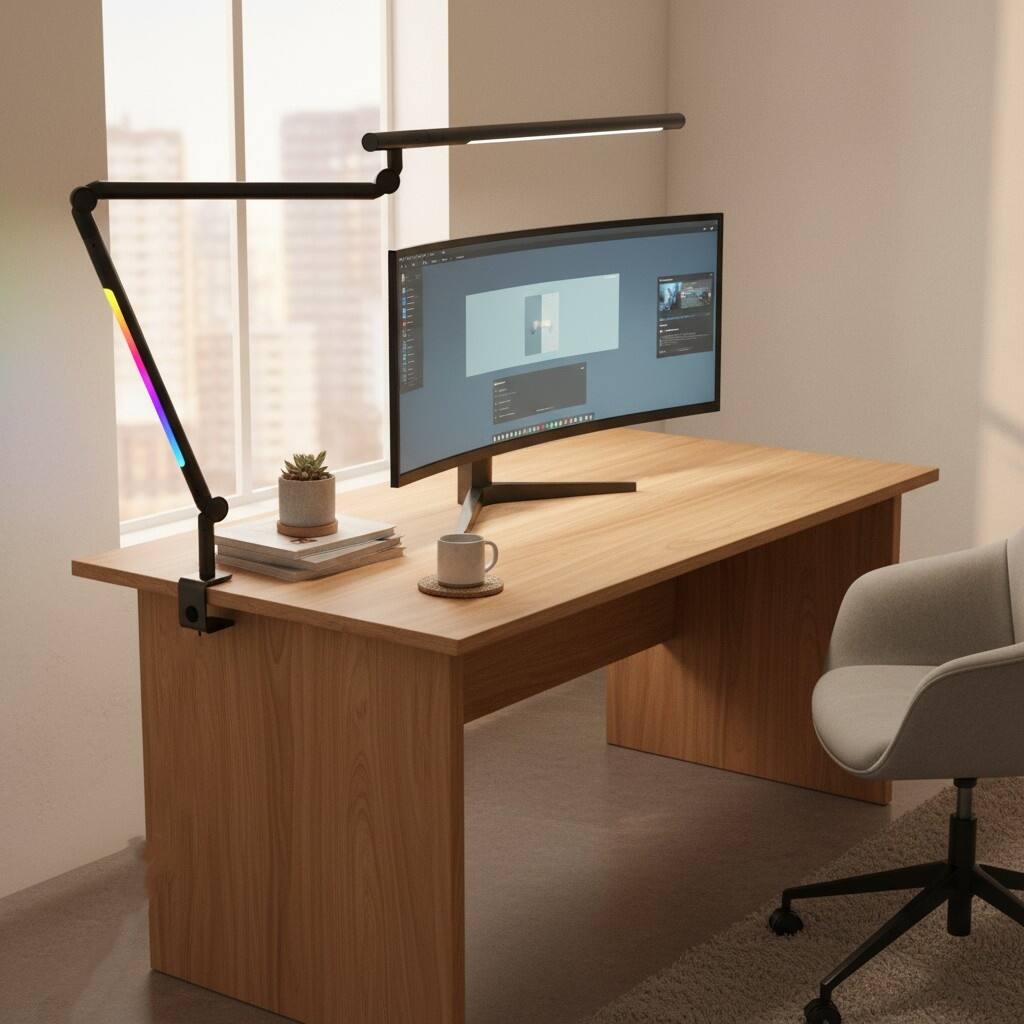 Alt View 1. Dazzed Corner - 18W LED Clamp Desk Lamp, Dual Light, RGB, Remote, Dimmable Arm.