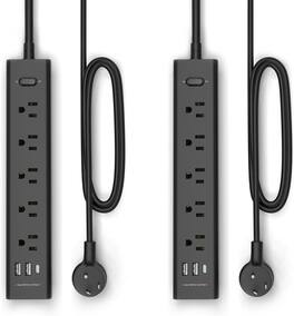 FINEAK - 5Ft Power Strip with 5 Widely Spaced Outlets 3 USB Ports (2 Pack) - Black