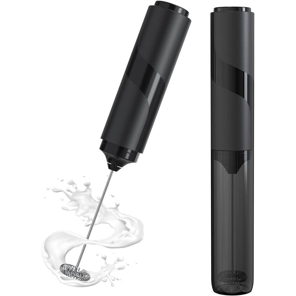 Front. ACJPR - Milk Frother Handheld with Cover, Battery-Operated Electric Foam Maker Wand for Coffee, Latte, Matcha, Hot Chocolate - Black.