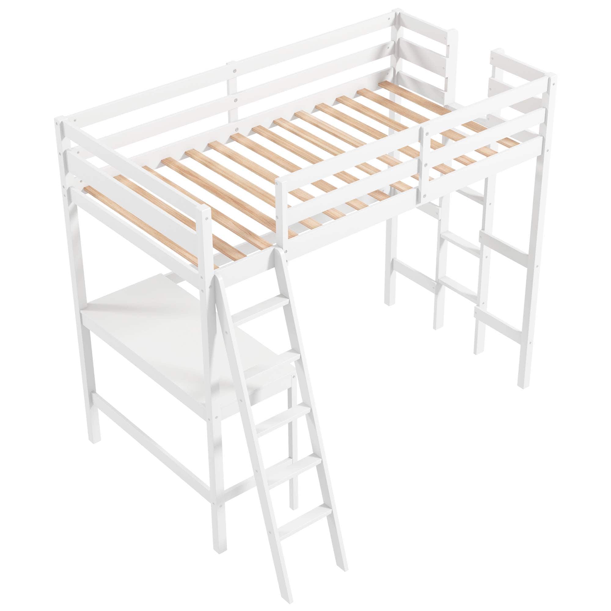 Costway - Twin Size Loft Bed w/ Desk & Shelf 2 Ladders & Guard Rail for Kids Teens Bedroom - White