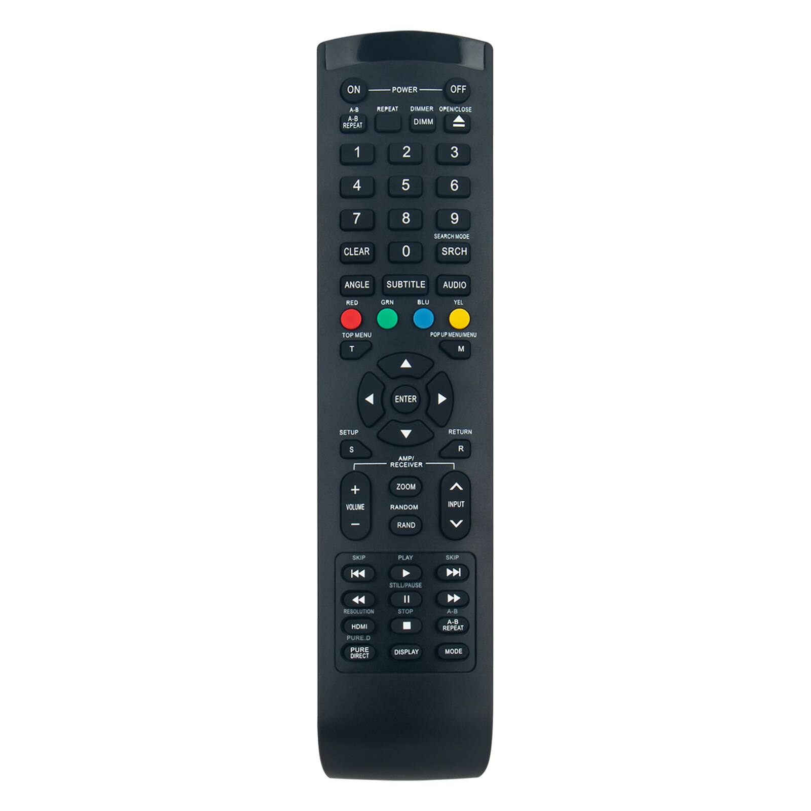 ON  
POWER OFF  
A-B REPEAT  
1 2 3 4 5 6 7 8 9 0  
CLEAR  
SEARCH MODE SRCH  
ANGLE  
SUBTITLE  
RED  
GAM  
BLUE  
TEL  
TOP MENU  
M  
ENTER  
SETUP  
RETURN  
RECEIVER  
R  
VOLUME  
ZOOM  
RANDOM  
INPUT  
RAND  
PLAY  
PAUSE  
STOP  
HDMI  
PURE  
DISPLAY MODE  
RESOLUTION  
STILL/PAUSE  
HOM  
AB REPEAT  
PURE  
REPEAT  
DIMMER OPEN/CLOSE  
DIMM  
SEARCH MODE  
SRCH  
AUDIO  
ANGLE  
SUBTITLE  
RED  
GAM  
BLUE  
TEL  
TOP MENU  
M  
ENTER  
SETUP  
RETURN  
RECEIVER  
R  
VOLUME  
ZOOM  
RANDOM  
INPUT  
RAND  
PLAY  
PAUSE  
STOP  
HDMI  
PURE  
DISPLAY MODE  
RESOLUTION  
STILL/PAUSE  
HOM  
AB REPEAT  
PURE