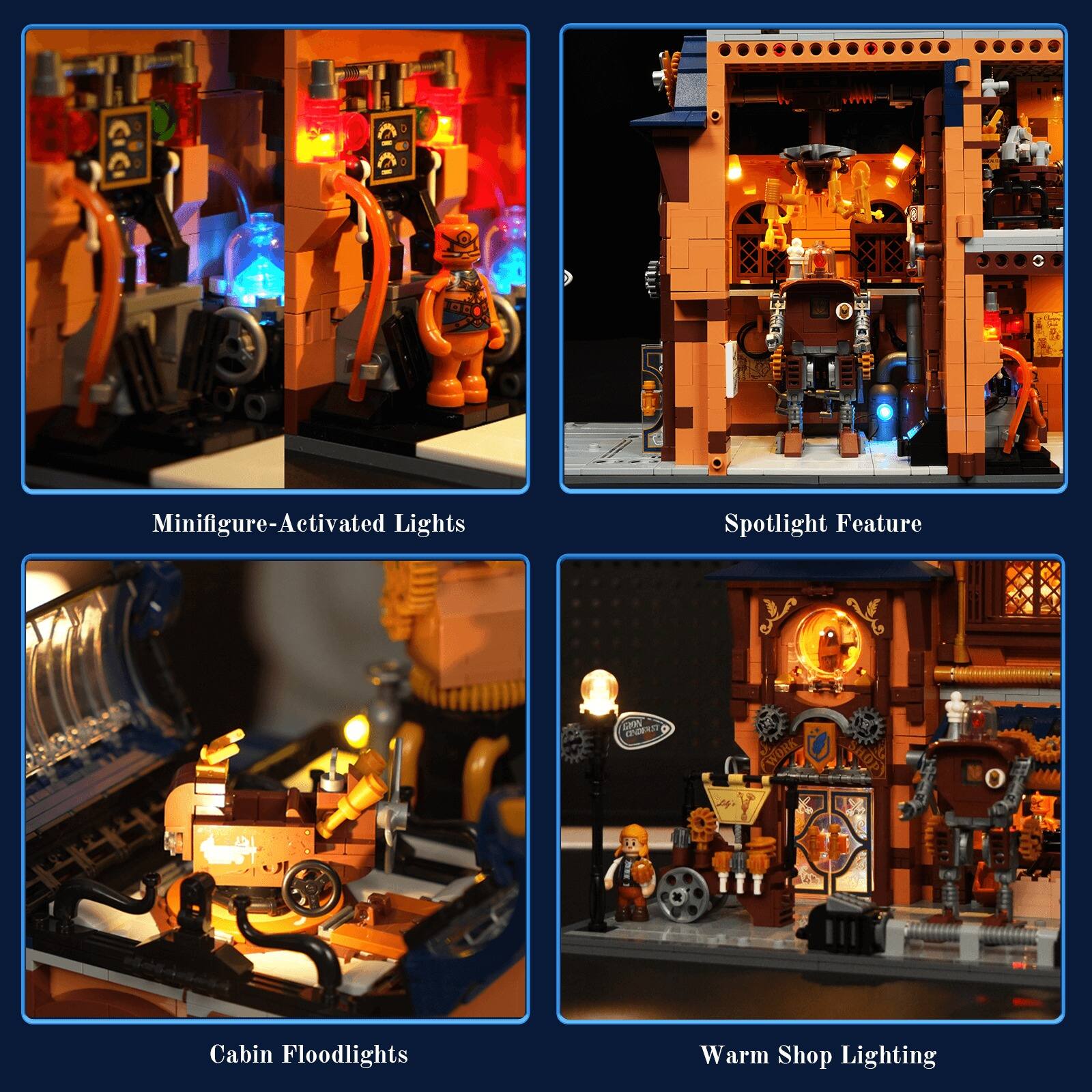 Minifigure-Activated Lights  
Spotlight Feature  
Cabin Floodlights  
Warm Shop Lighting