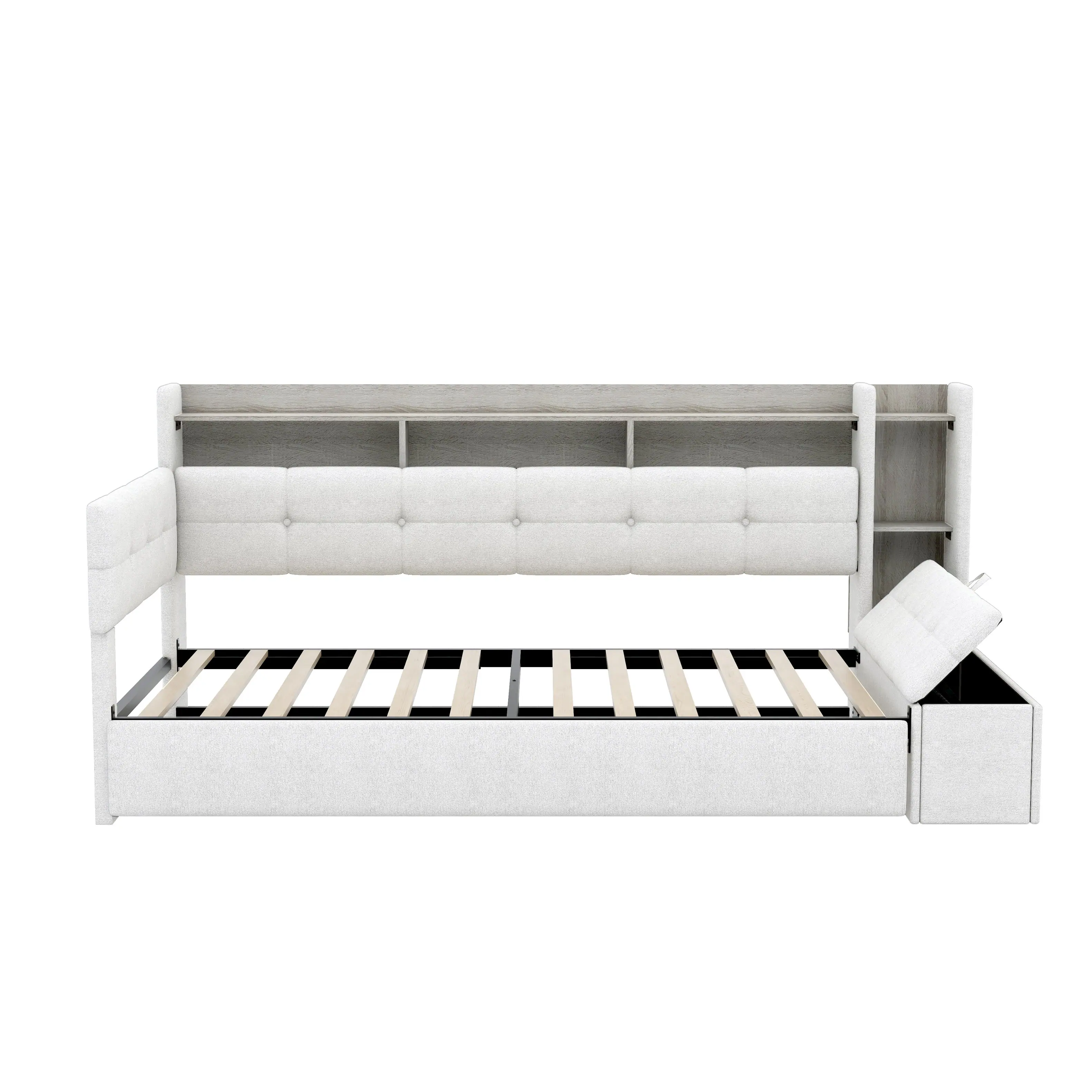 Back. Whisen - Twin Size Upholstered Daybed with Trundle, Storage Shelves, LED Light & USB Charging Station - Beige.