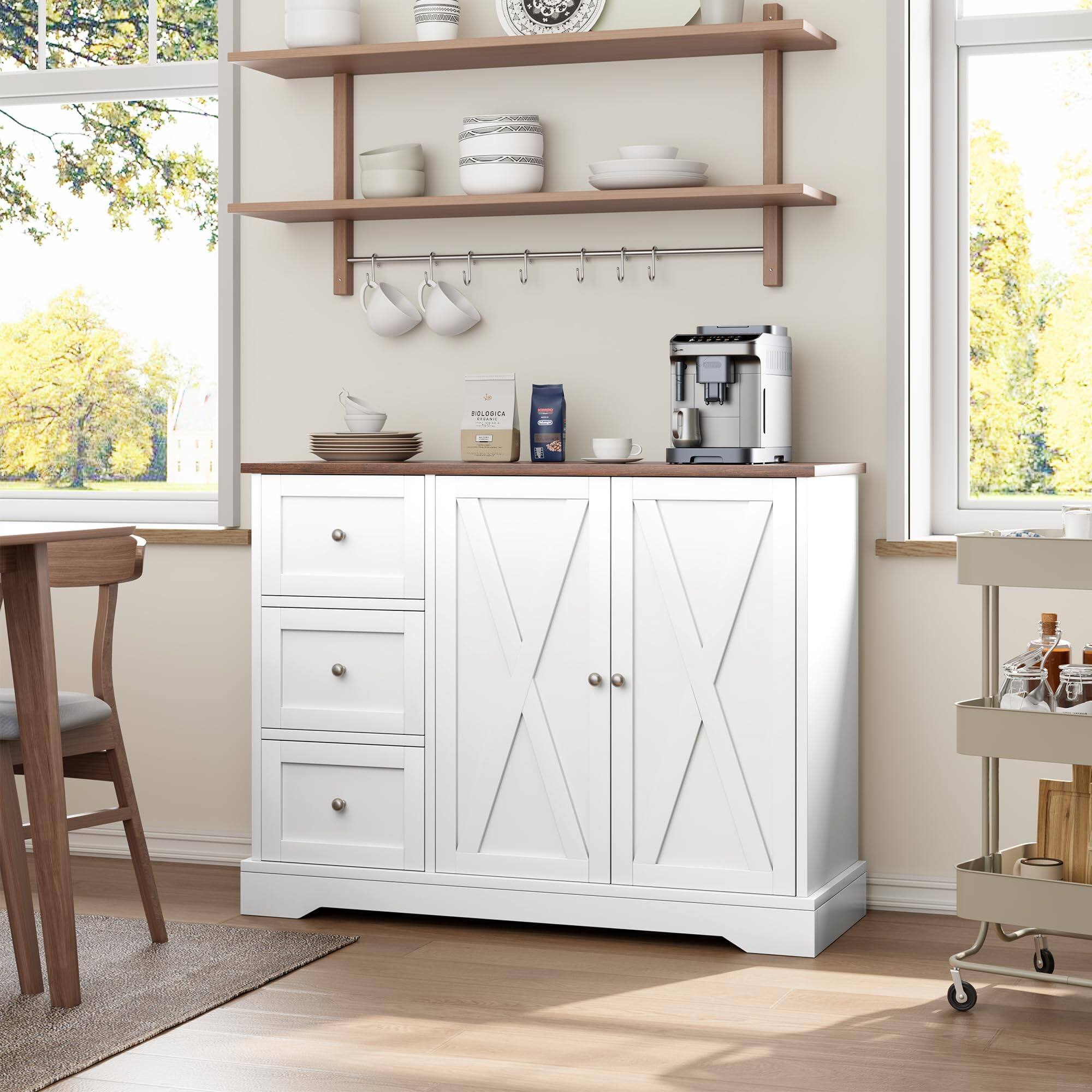 Alt View 1. Qeetex - Farmhouse Buffet Cabinet with 3 Drawers and 2 Doors for Kitchen, Dining Living Room - White.