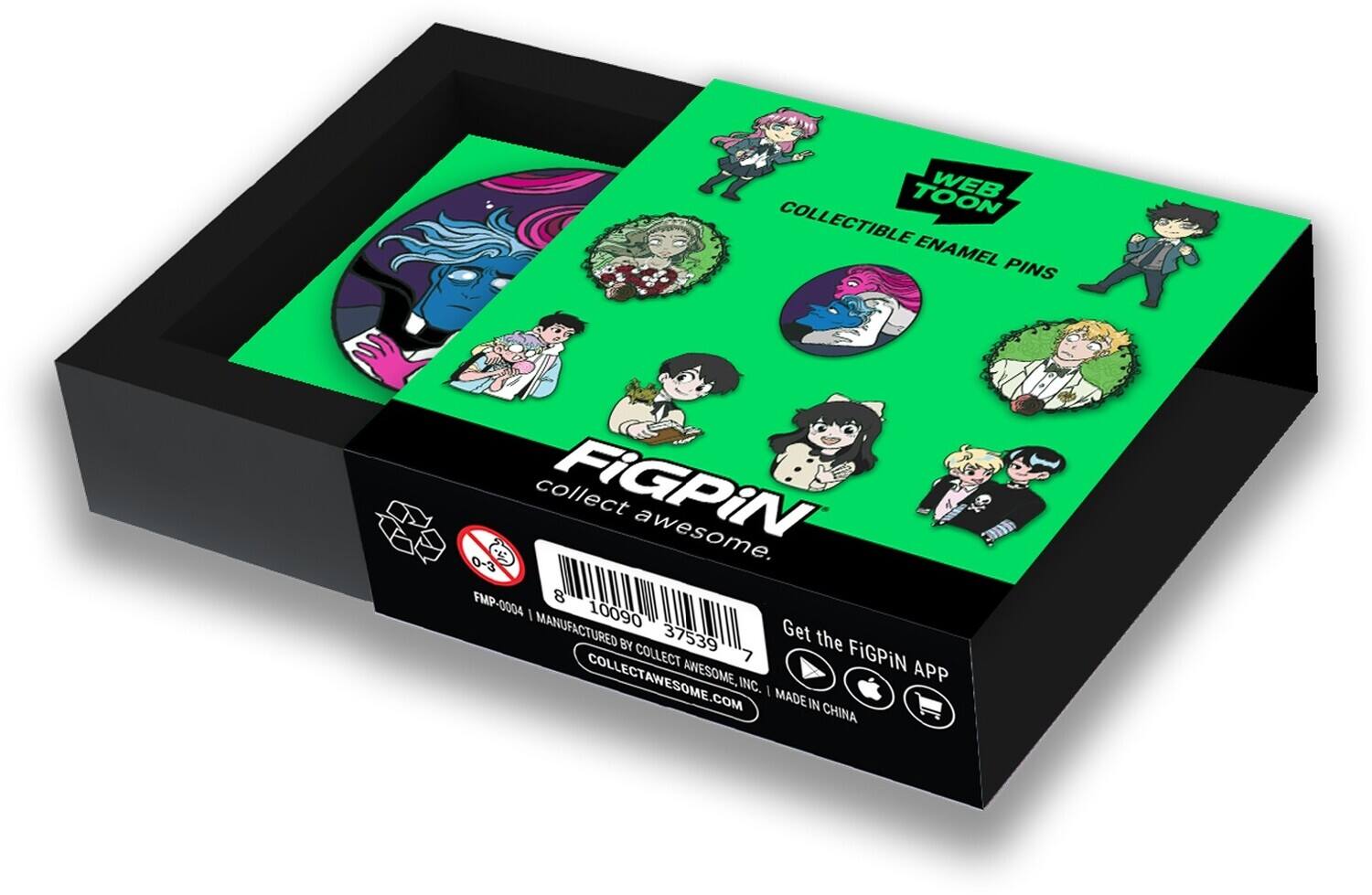 WEBTOON  
COLLECTIBLE ENAMEL PINS  

FiGPiN  
collect awesome.  

0-3  
FMP-0004  
8 10090 37539 7  

Get the FiGPiN APP  
COLLECTAWESOME.COM  
MANUFACTURED BY COLLECT AWESOME, INC.  
MADE IN CHINA  

Ages 0-3  
No choking hazard